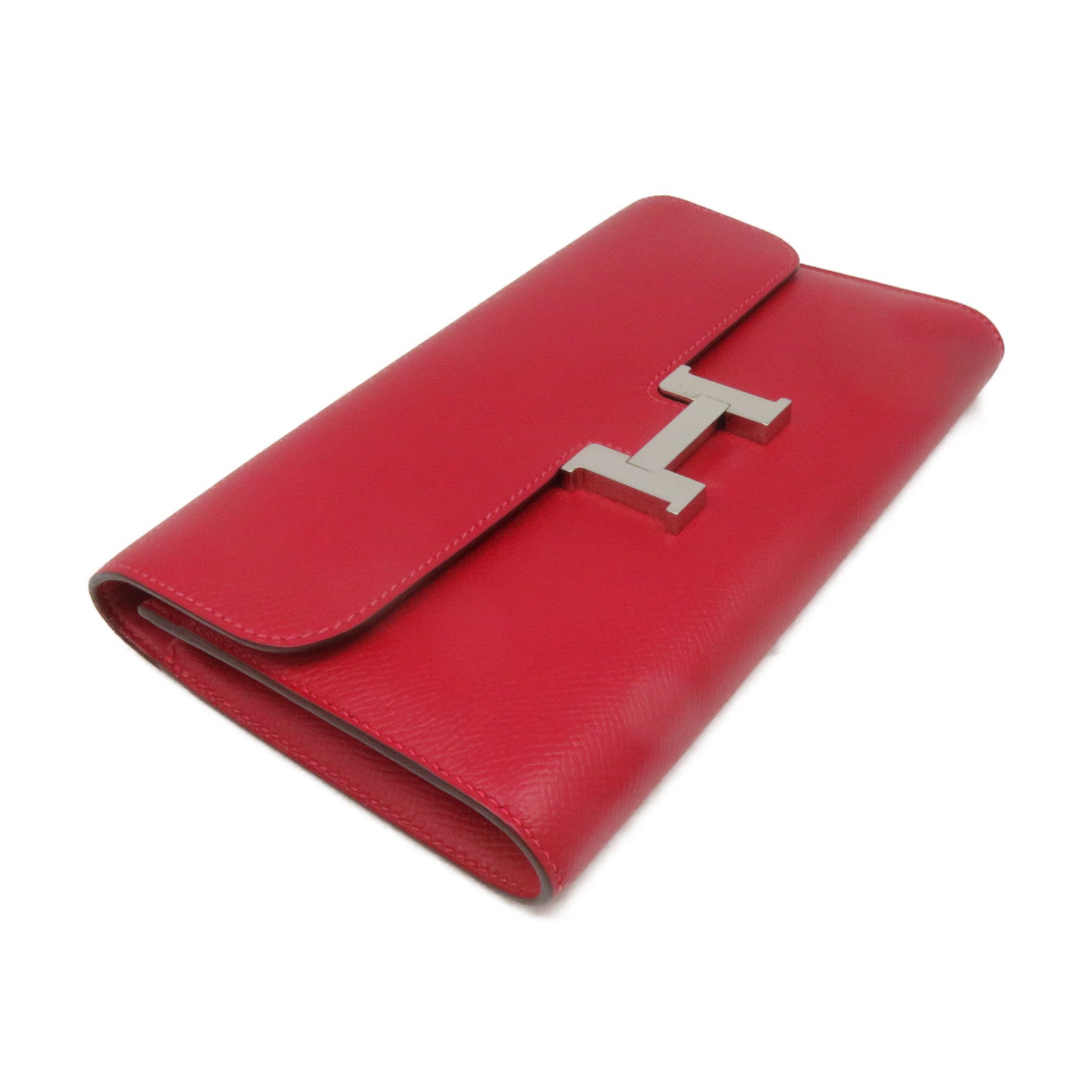 HERMES Epsom皮革Constance Wallet銀扣長錢包Rouge Casaque紅色