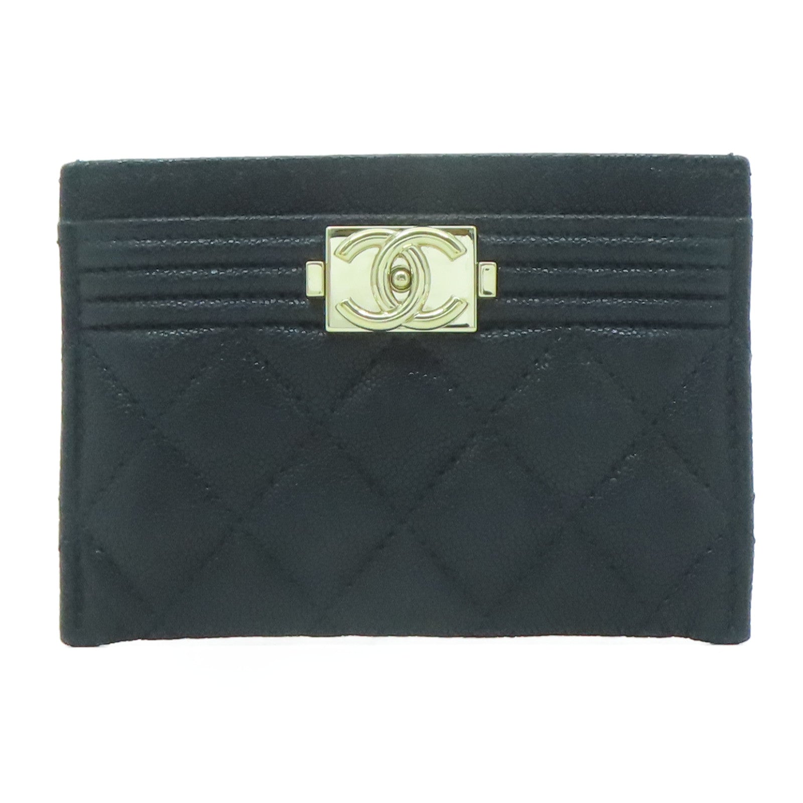 CHANEL 菱格Caviar皮革Card Case金扣卡片套黑色