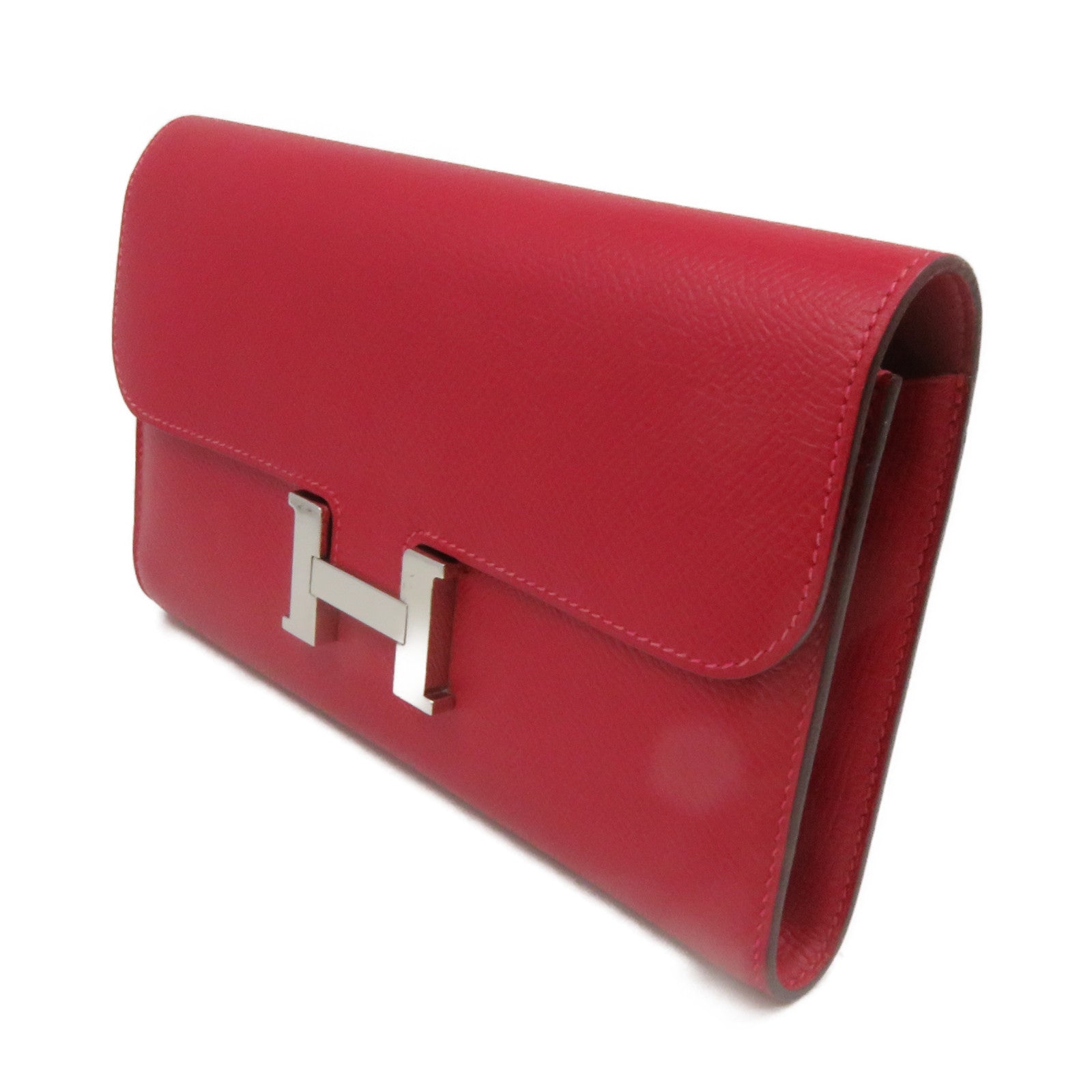 HERMES Epsom皮革Constance Wallet銀扣長錢包Rouge Casaque紅色