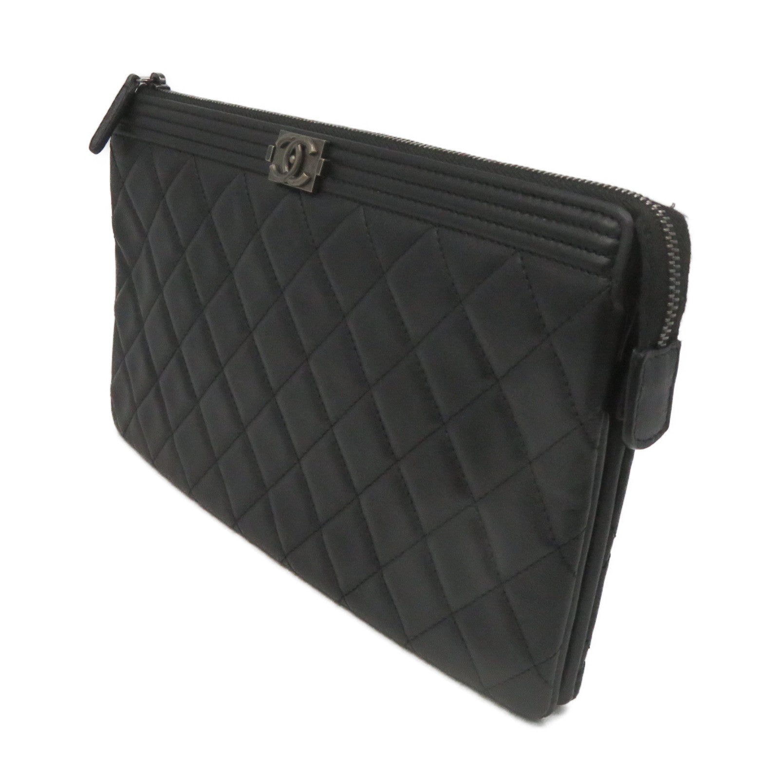 CHANEL rhombic cowhide leather Clutch Bag silver buckle clutch bag black