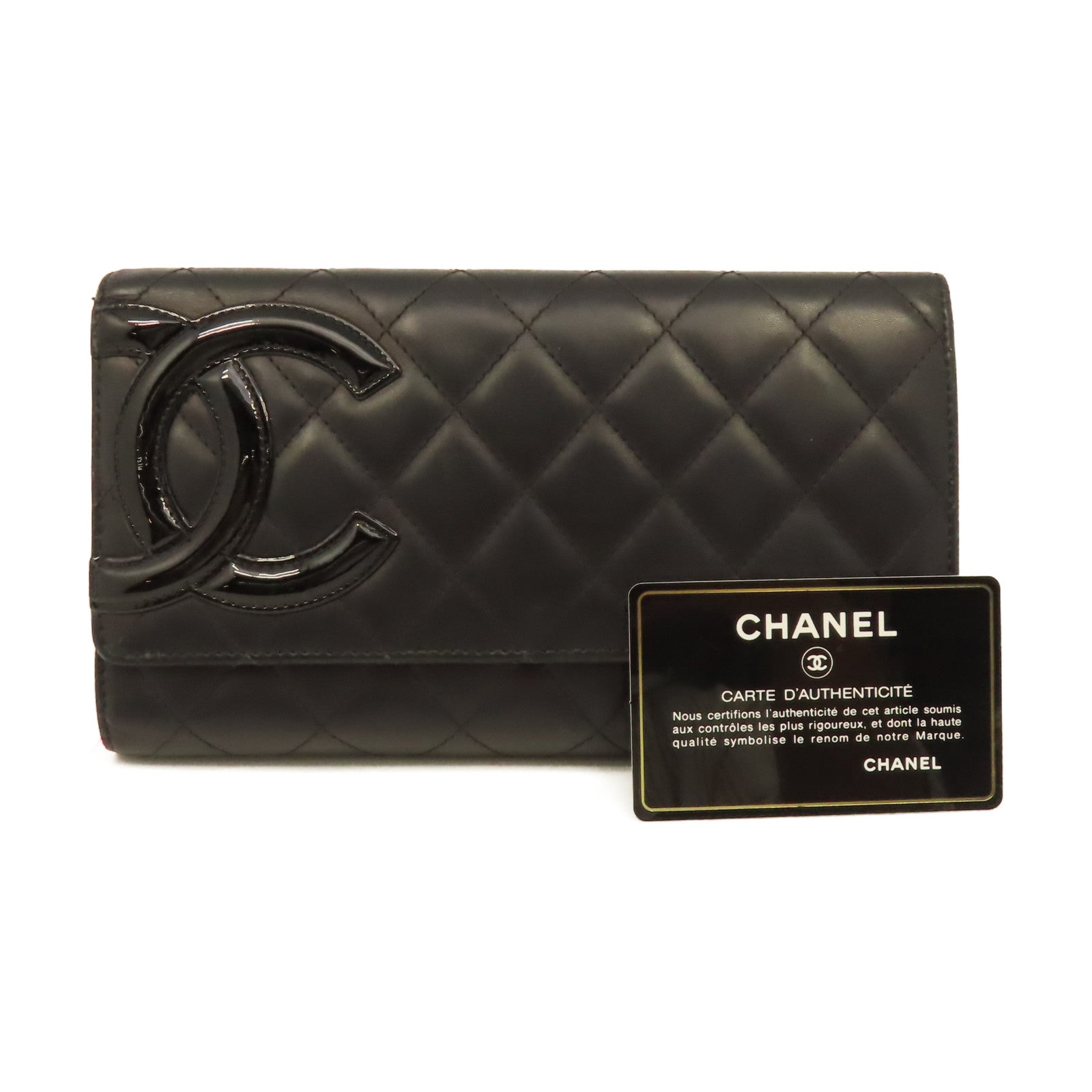 CHANEL 菱格牛皮皮革Cambon Long Wallet銀扣長錢包黑色/粉紅色