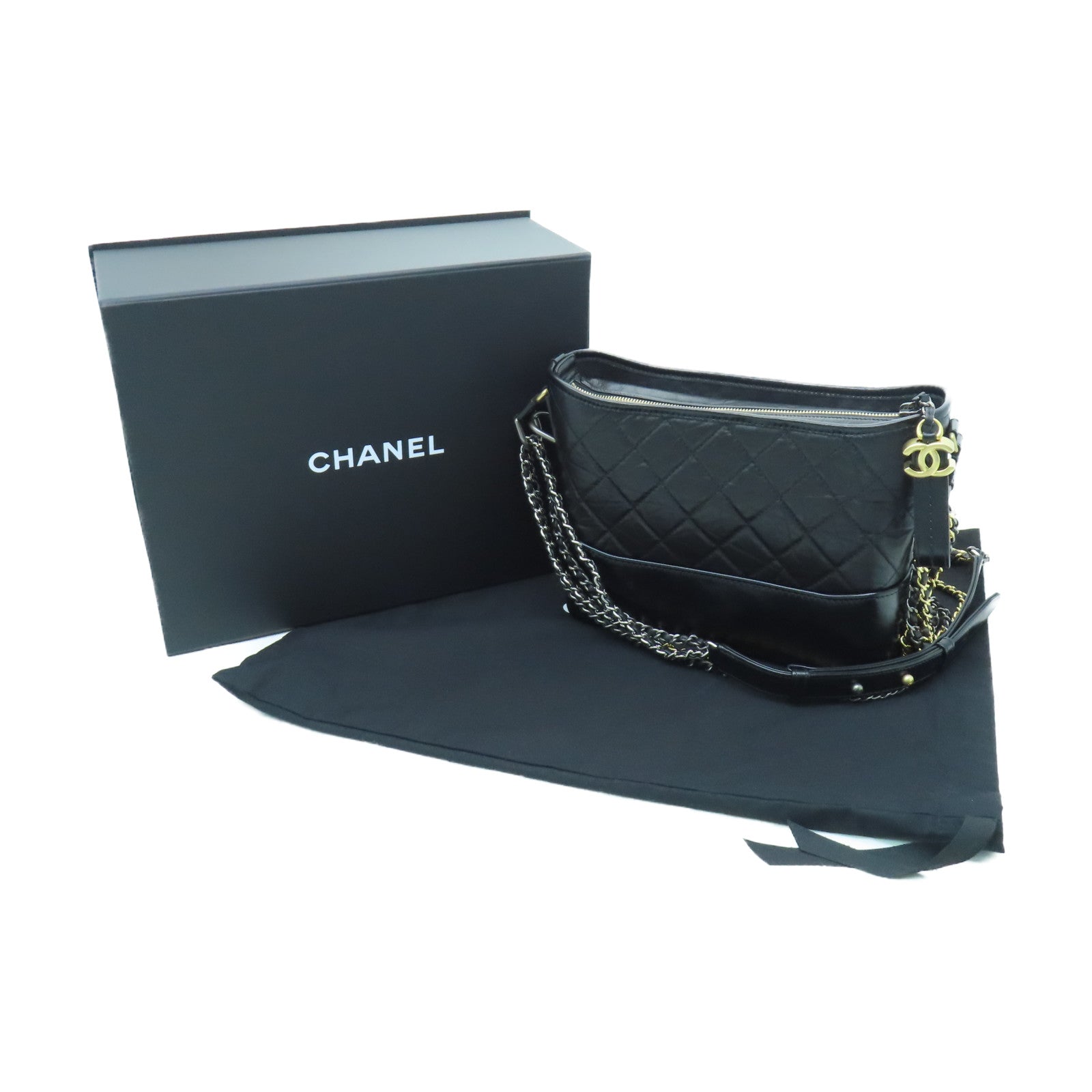 CHANEL rhombic cowhide leather Gabrelle Medium gold and silver buckle shoulder bag black