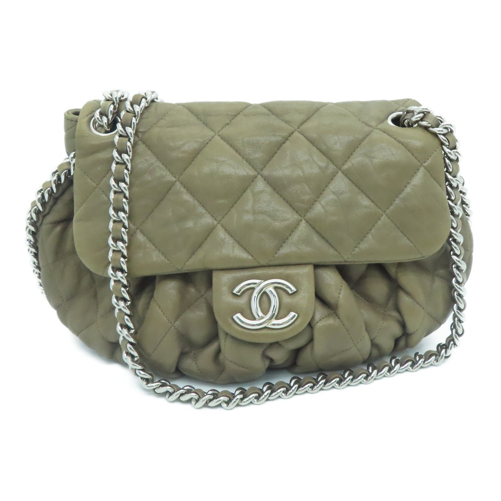 CHANEL 【激減優惠】菱格羊皮皮革Chain Shoulder Bag銀扣肩背袋啡色