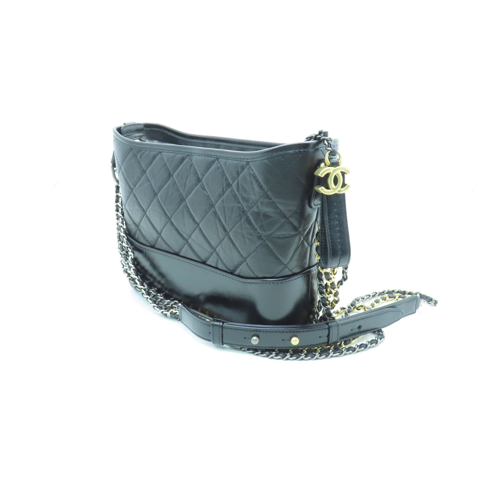 CHANEL rhombic cowhide leather Gabrelle Medium gold and silver buckle shoulder bag black