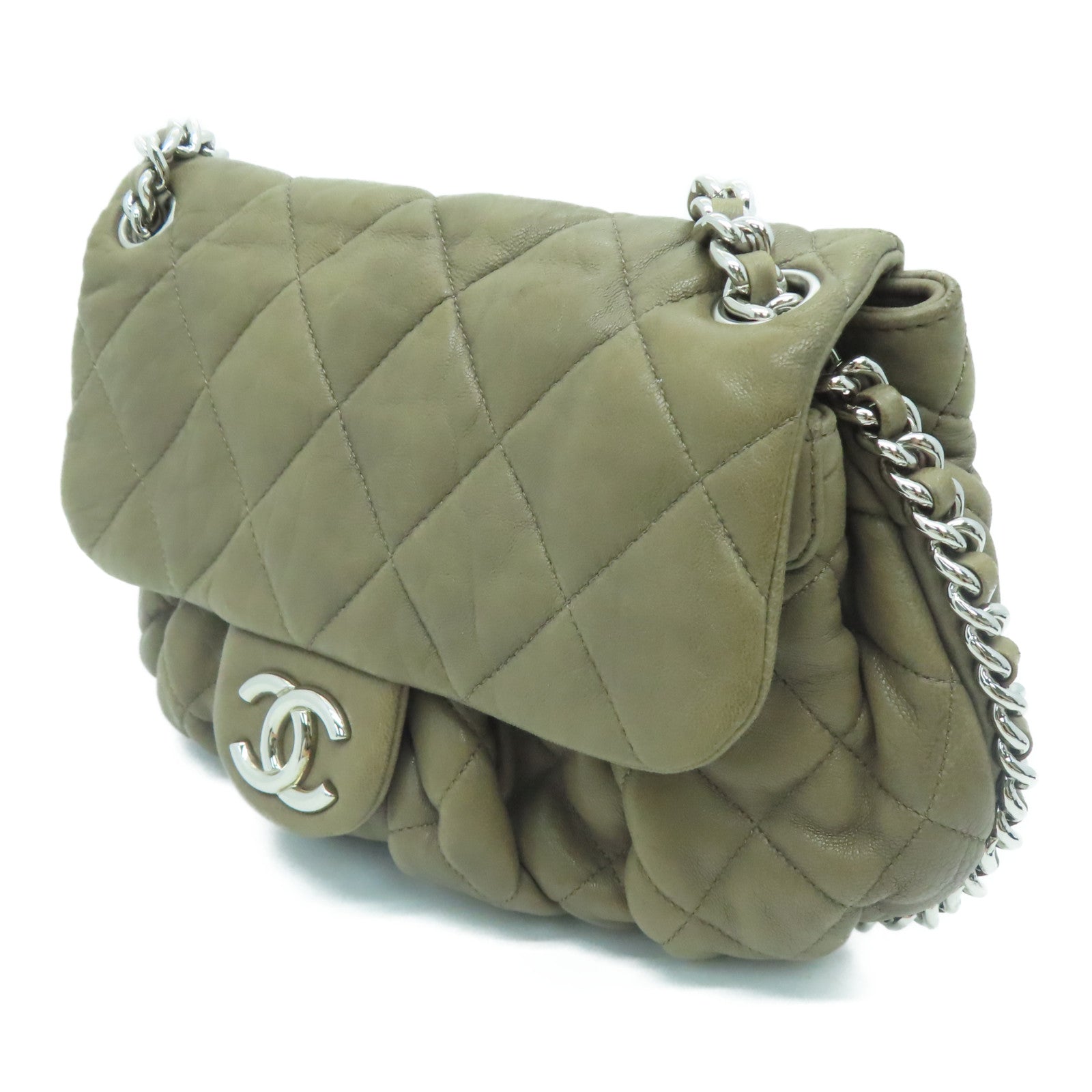 CHANEL 【激減優惠】菱格羊皮皮革Chain Shoulder Bag銀扣肩背袋啡色