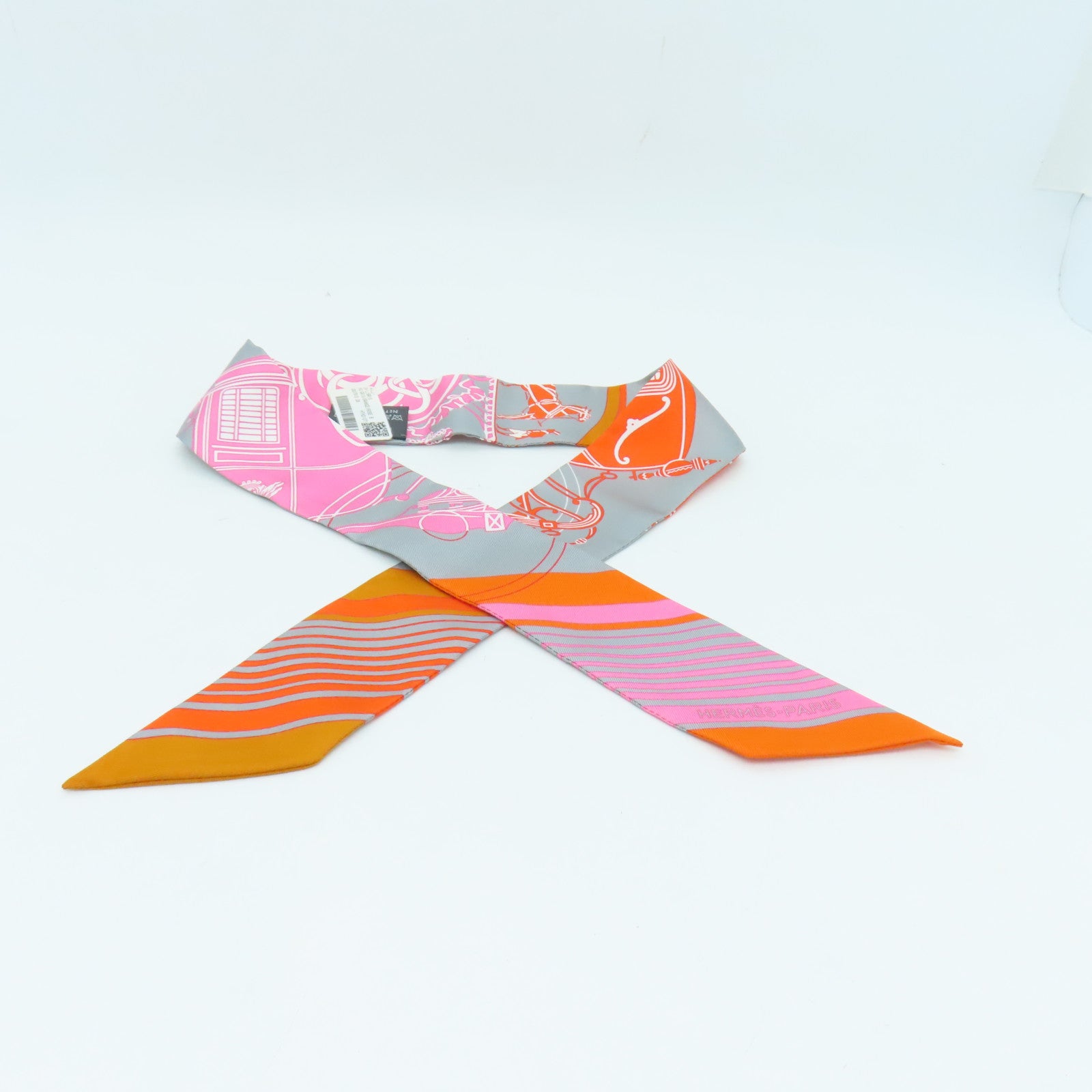 HERMES 丝质Twilly丝巾橙色/灰色/粉红色