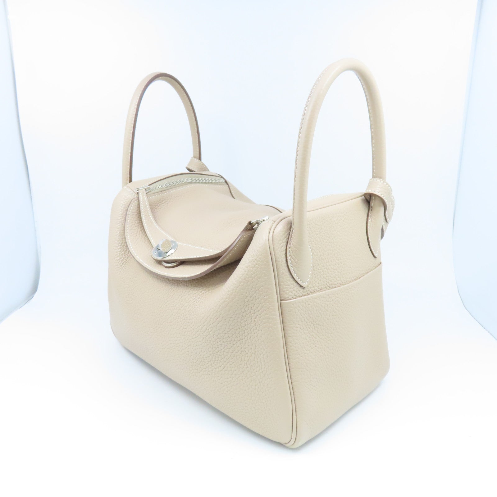 HERMES Clemence皮革Lindy 30銀扣手挽肩背兩用袋Gris Tourterelle米色