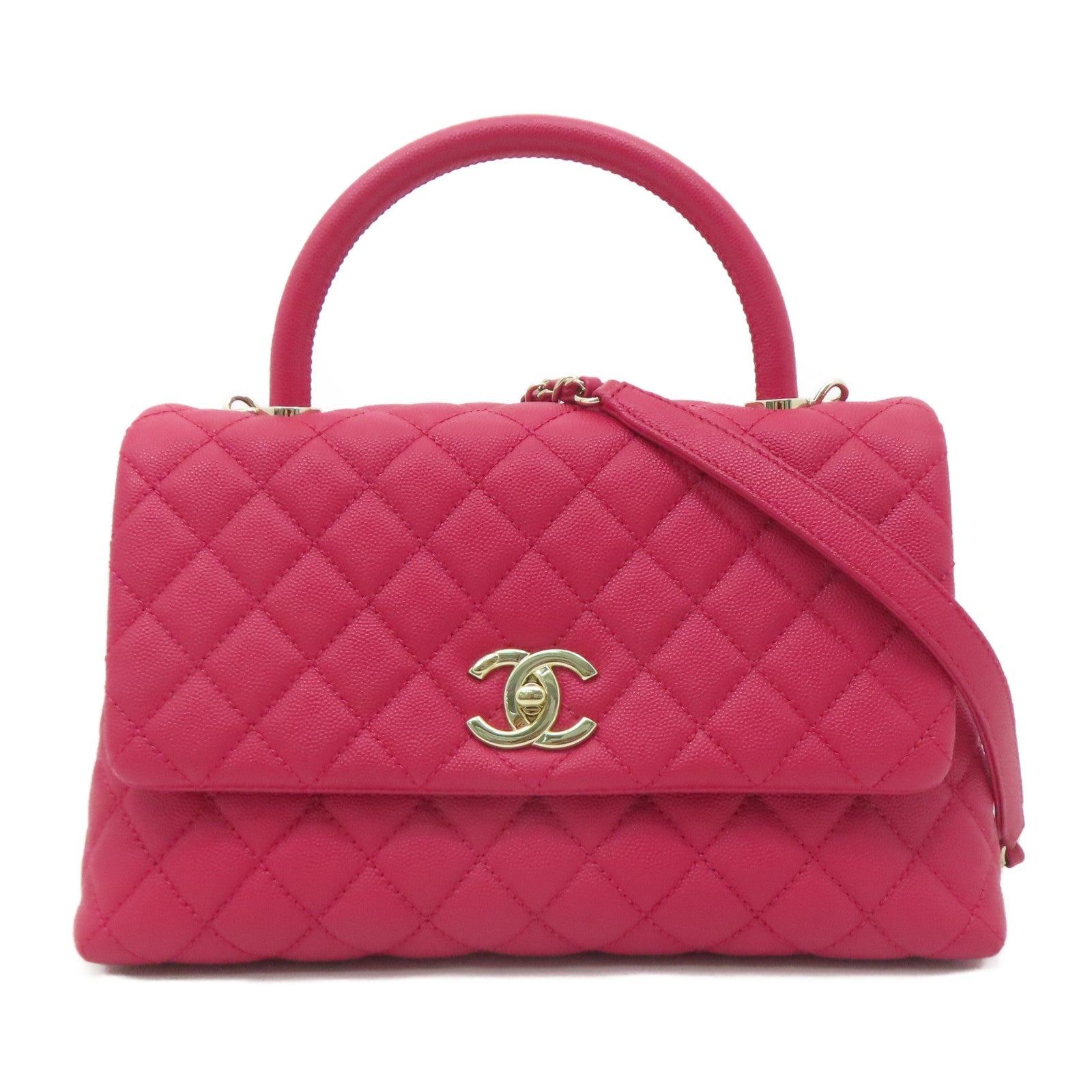 CHANEL 菱格Caviar皮革Coco Handle 29金扣手挽肩背兩用袋粉紅色