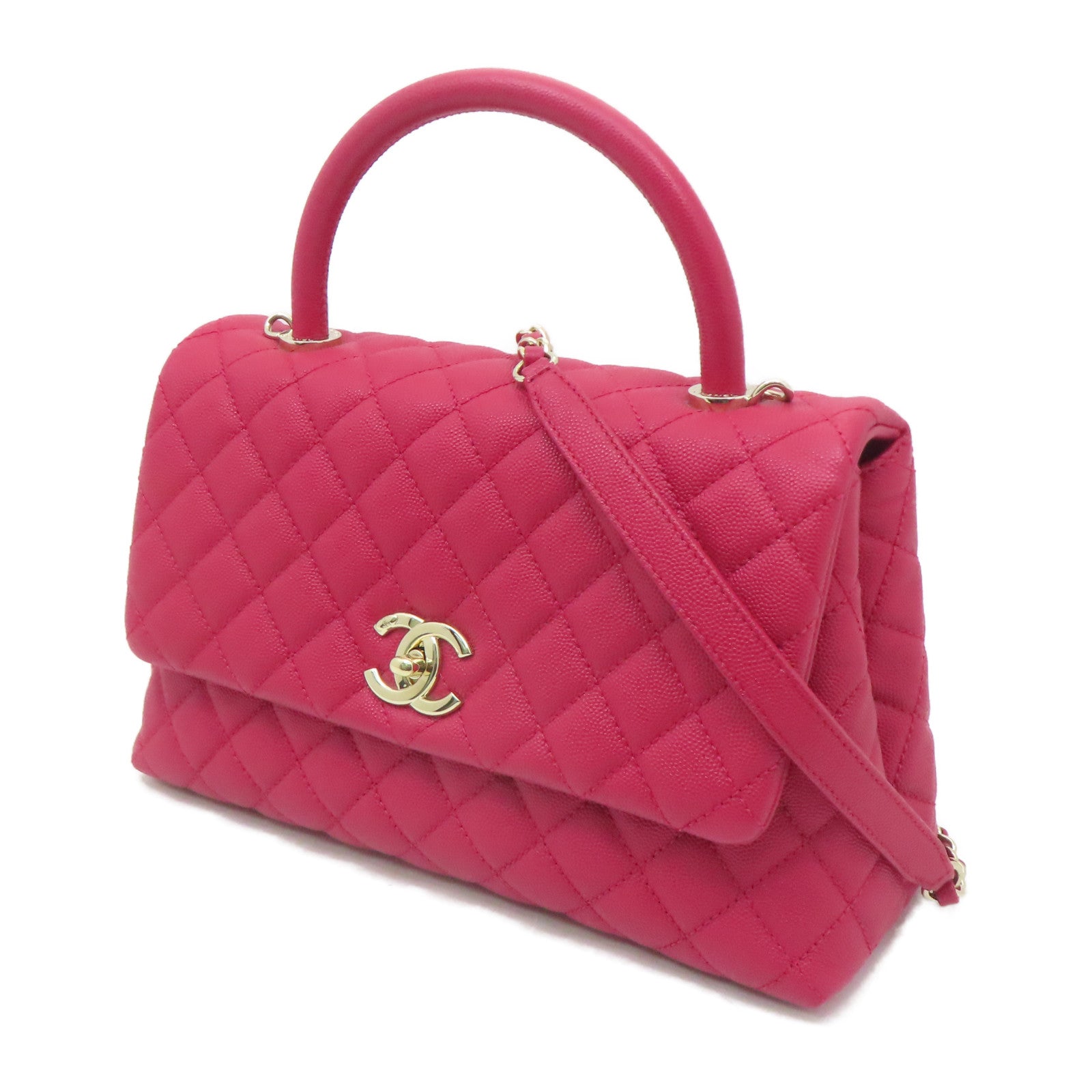 CHANEL 菱格Caviar皮革Coco Handle 29金扣手挽肩背兩用袋粉紅色