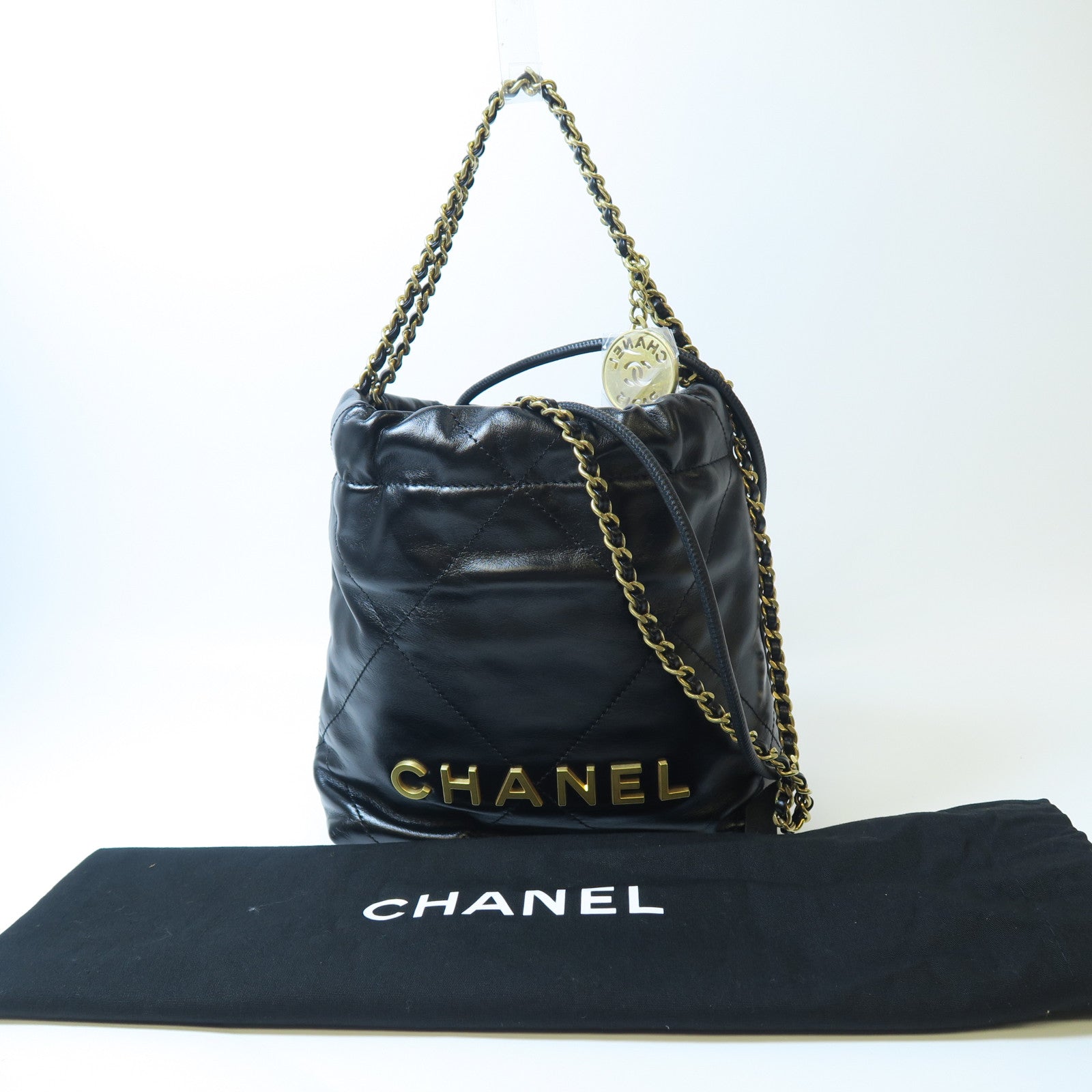 CHANEL 菱格牛皮皮革Mini 22金扣手挽肩背兩用袋黑色