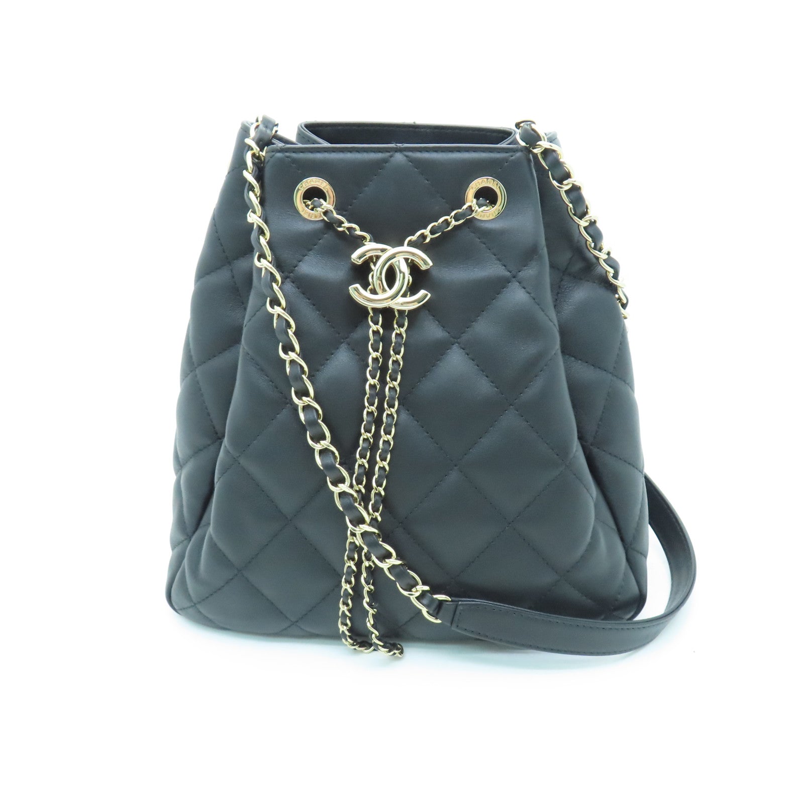 CHANEL rhombic cowhide leather Shoulder Bag gold buckle shoulder bag black