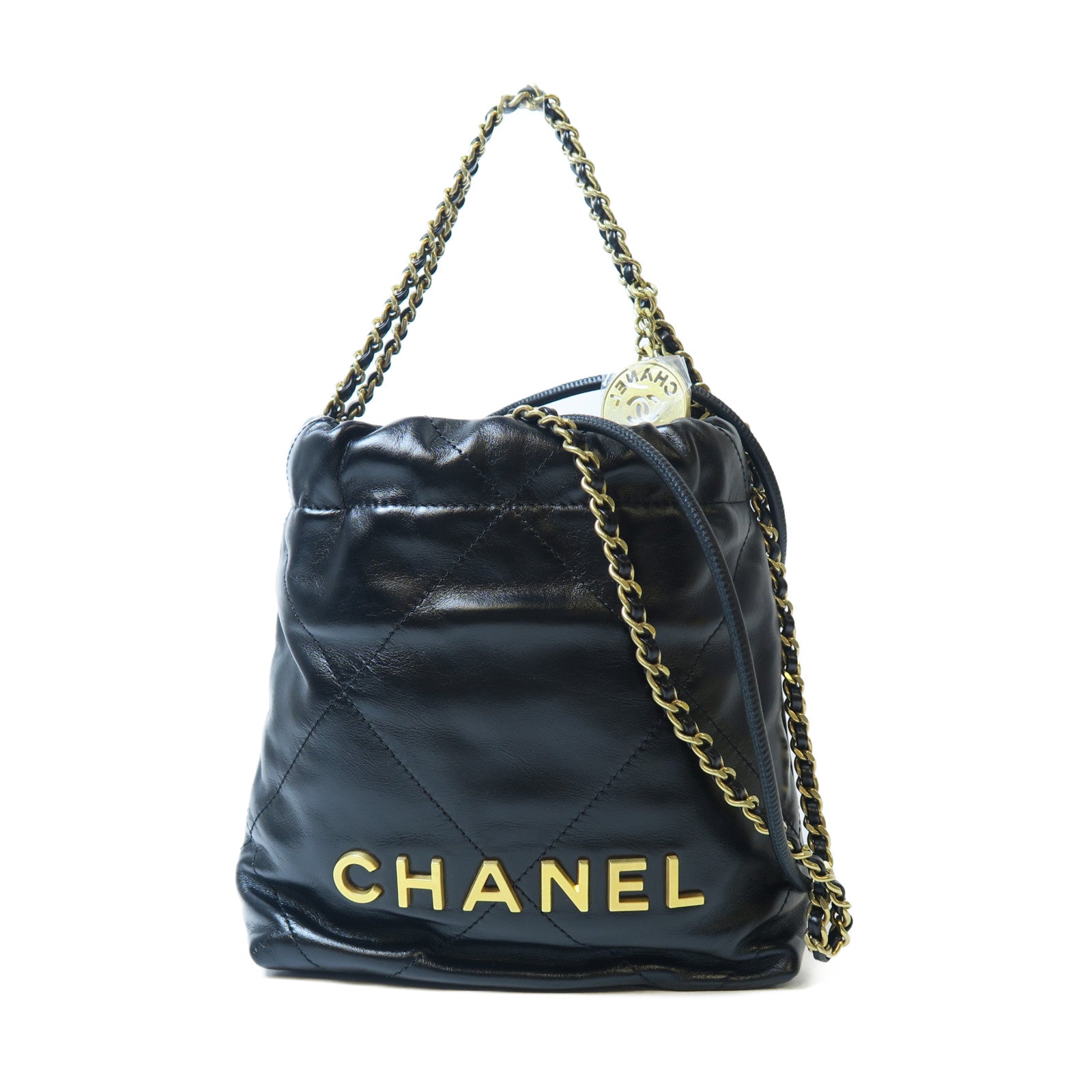 CHANEL 菱格牛皮皮革Mini 22金扣手挽肩背兩用袋黑色