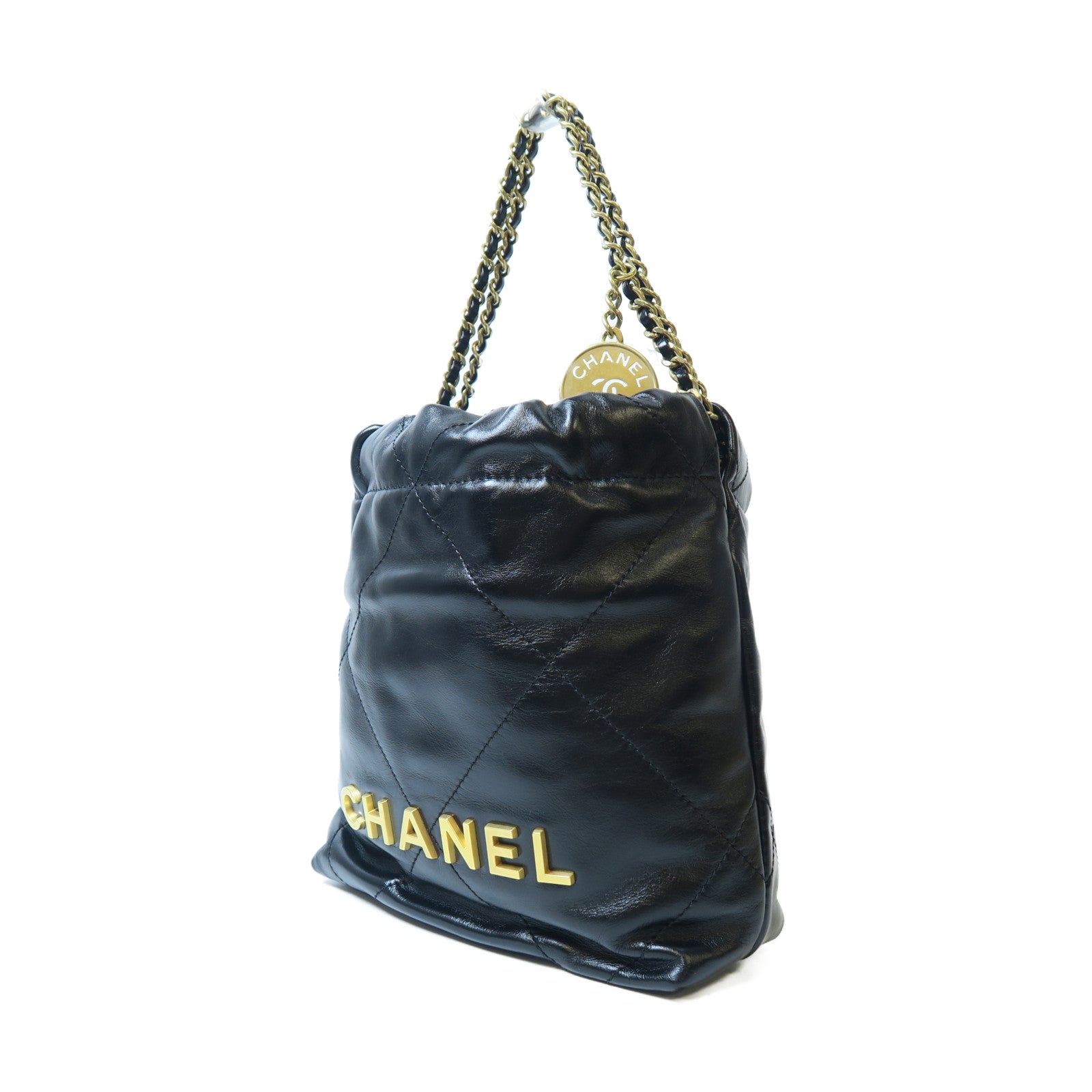 CHANEL 菱格牛皮皮革Mini 22金扣手挽肩背兩用袋黑色