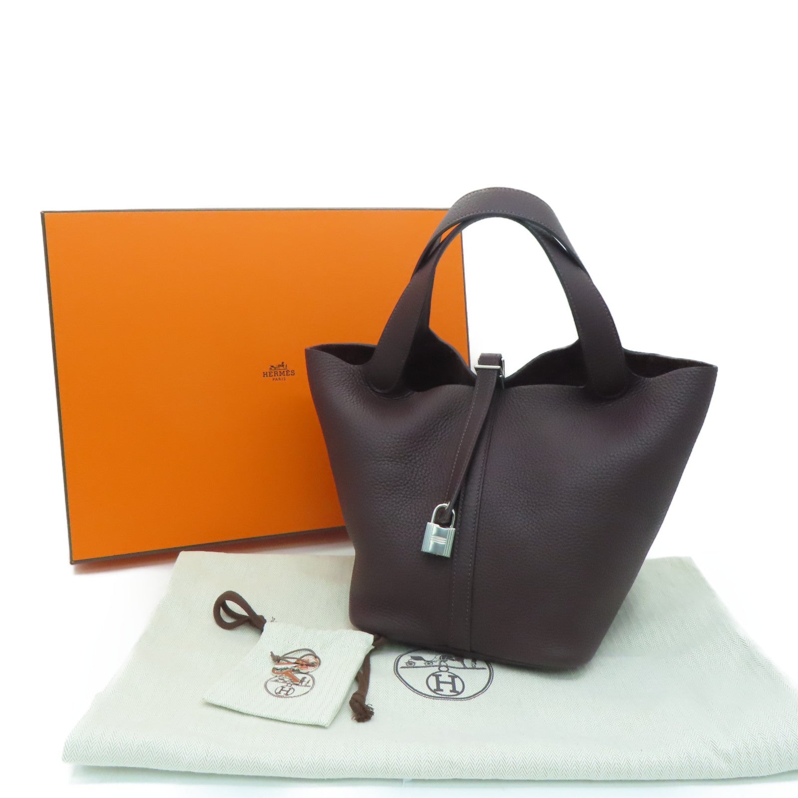 HERMES Clemence皮革Picotin MM银扣手挽袋Rouge Sellier啡色