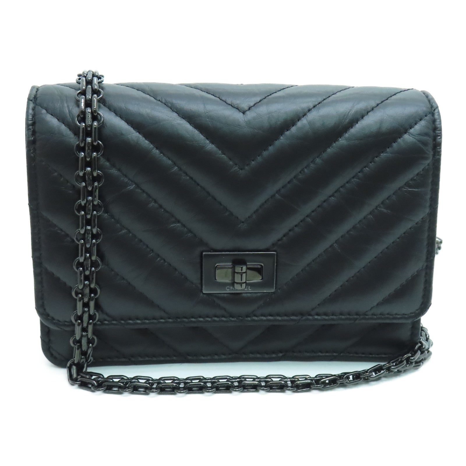 CHANEL 斜紋牛皮皮革2.55 Chain Shoulder鏈帶肩背袋黑色