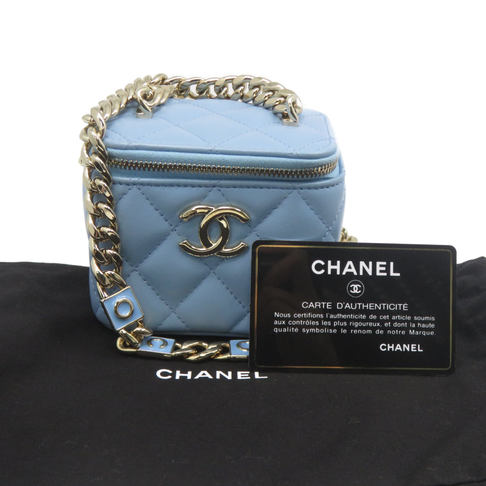 CHANEL 菱格羊皮皮革Chain Shoulder金扣鏈帶肩背袋淺藍色