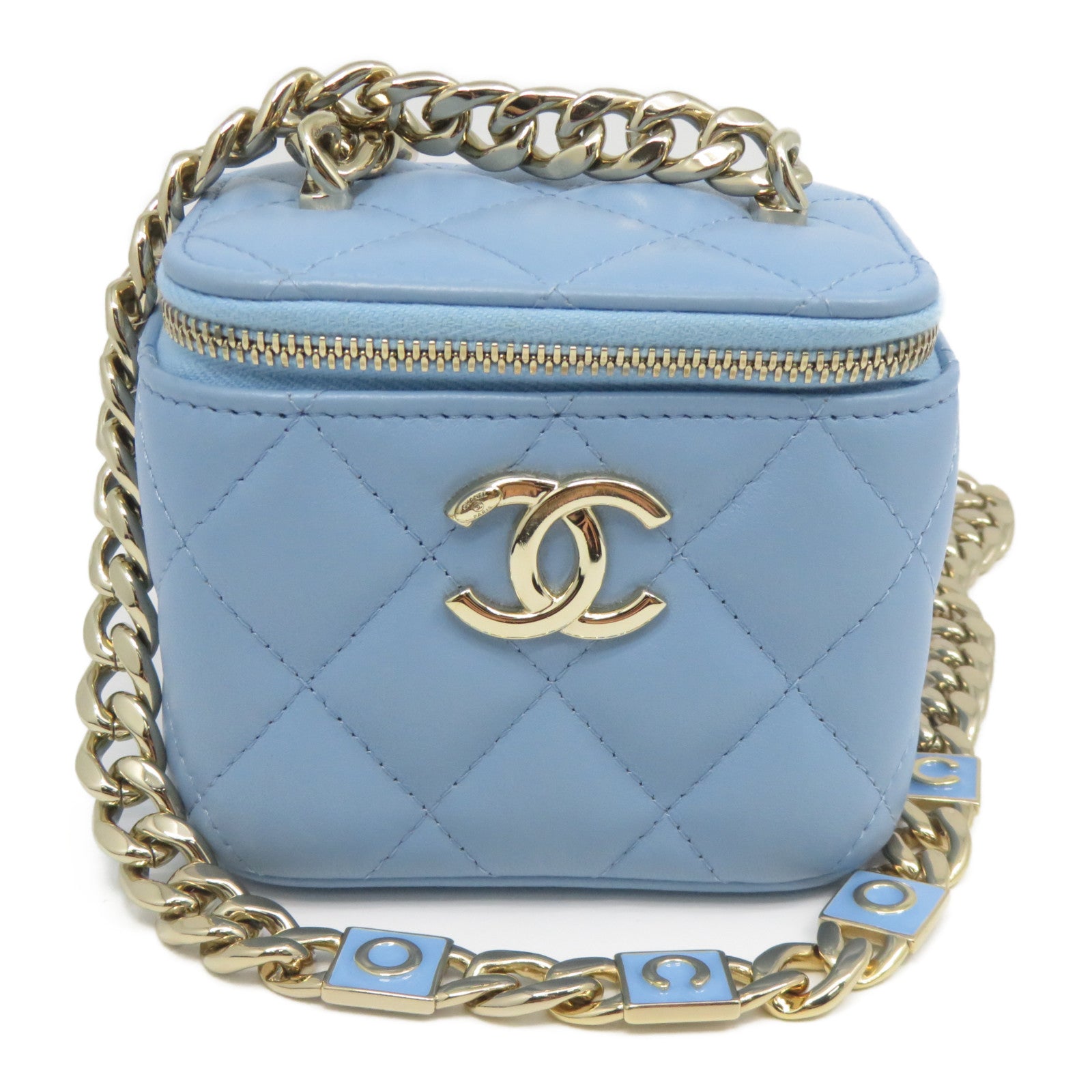 CHANEL 菱格羊皮皮革Chain Shoulder金扣鏈帶肩背袋淺藍色