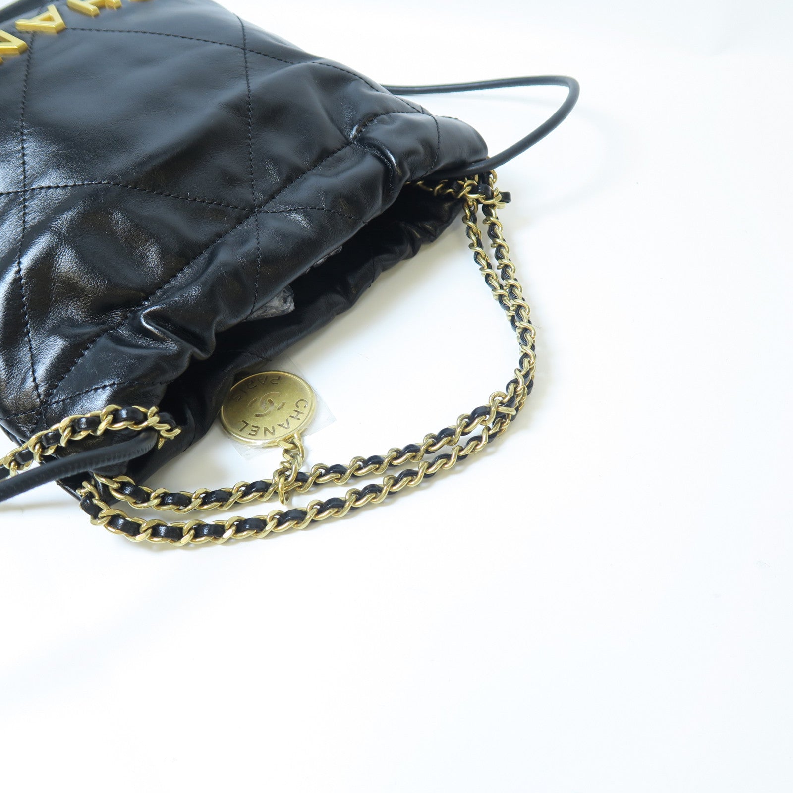 CHANEL 菱格牛皮皮革Mini 22金扣手挽肩背兩用袋黑色