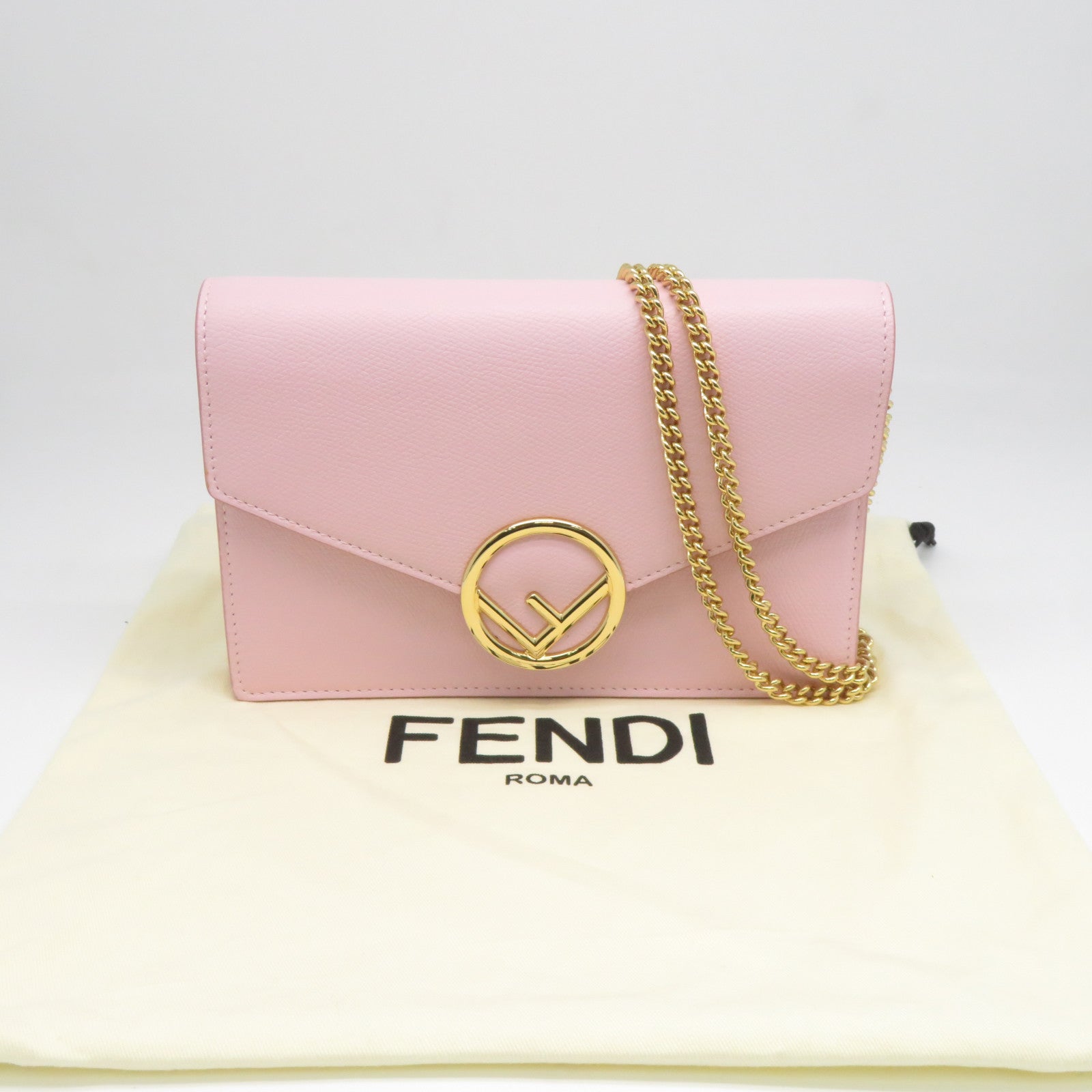 FENDI 牛皮皮革Wallet On Chain金扣肩背袋粉紅色