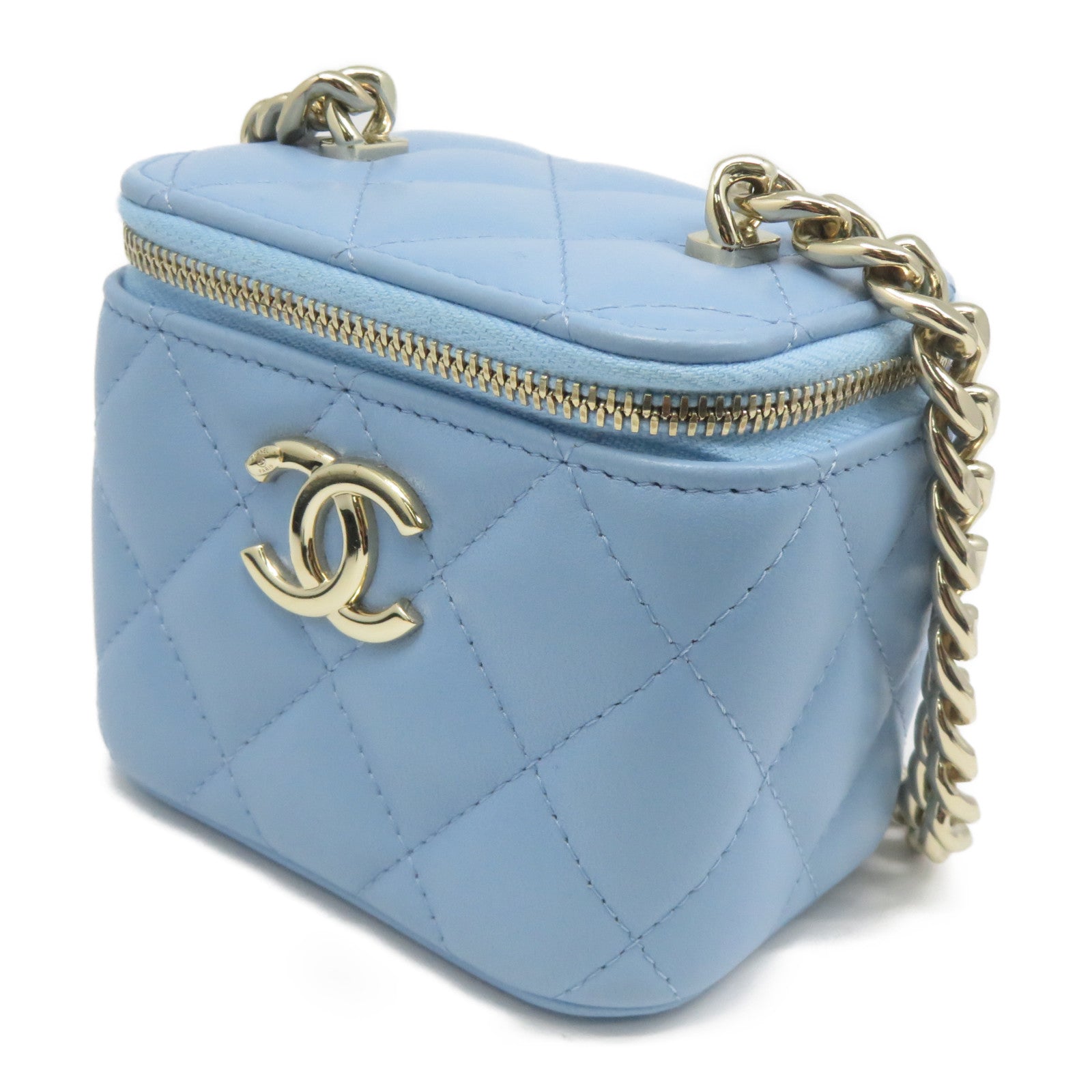 CHANEL 菱格羊皮皮革Chain Shoulder金扣鏈帶肩背袋淺藍色