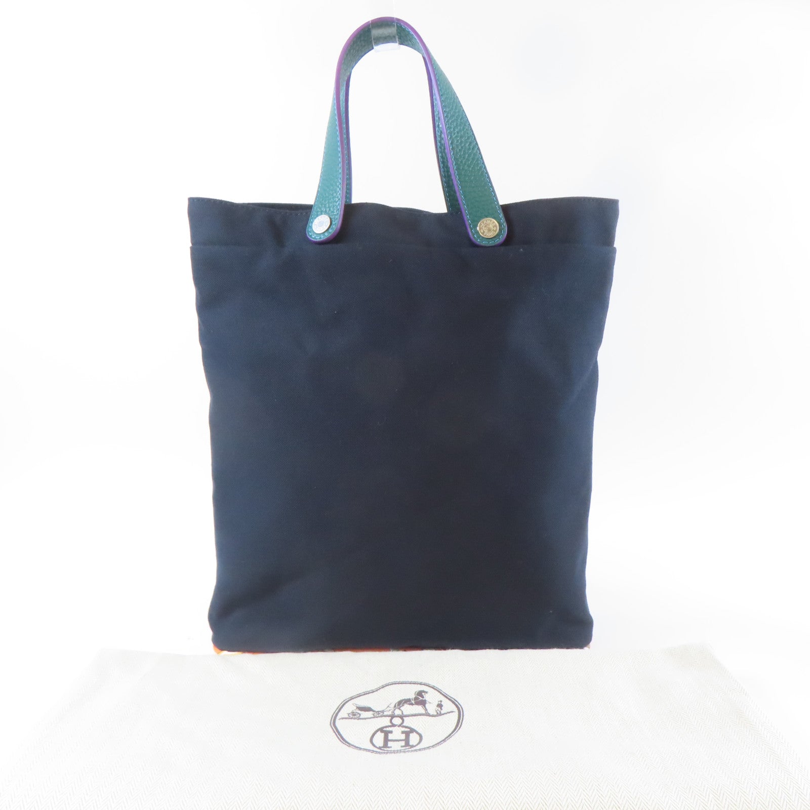 HERMES 帆布/絲質/皮革Tote Bag銀扣手挽袋深藍色/綠色