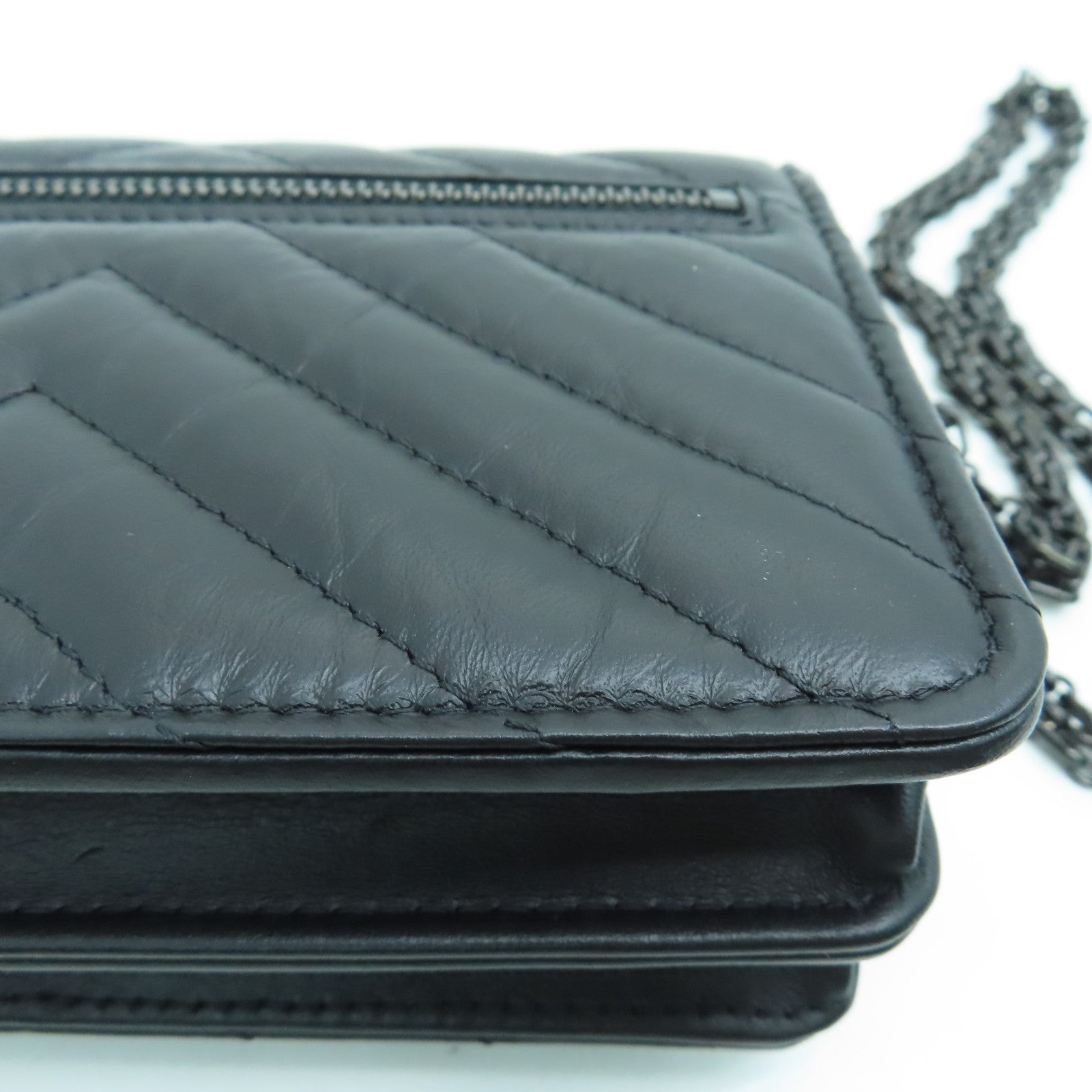 CHANEL 斜紋牛皮皮革2.55 Chain Shoulder鏈帶肩背袋黑色