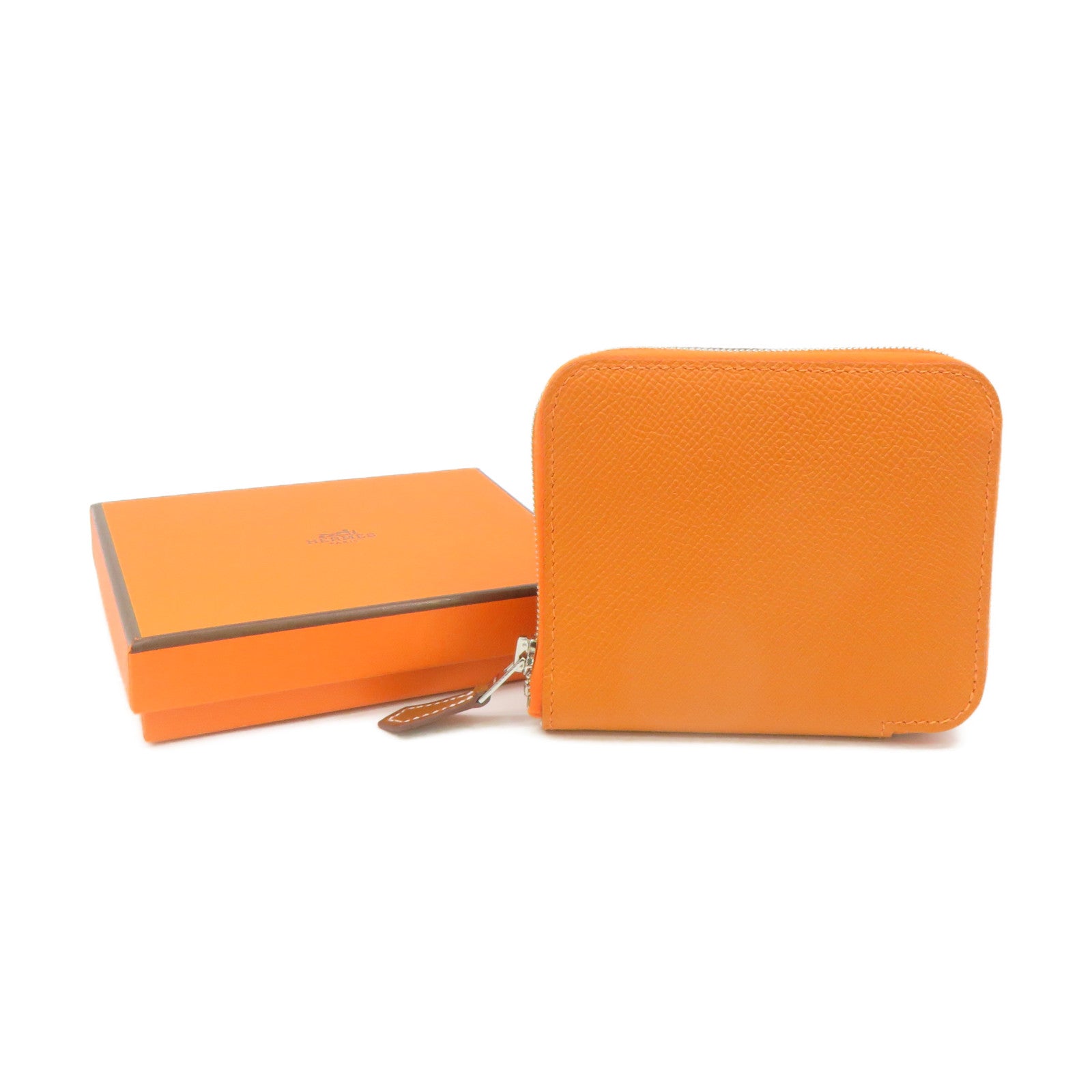 HERMES Epsom Leather Silk-In Compact Zipper Wallet Silver Buckle Zipper Short Wallet Orange Orange