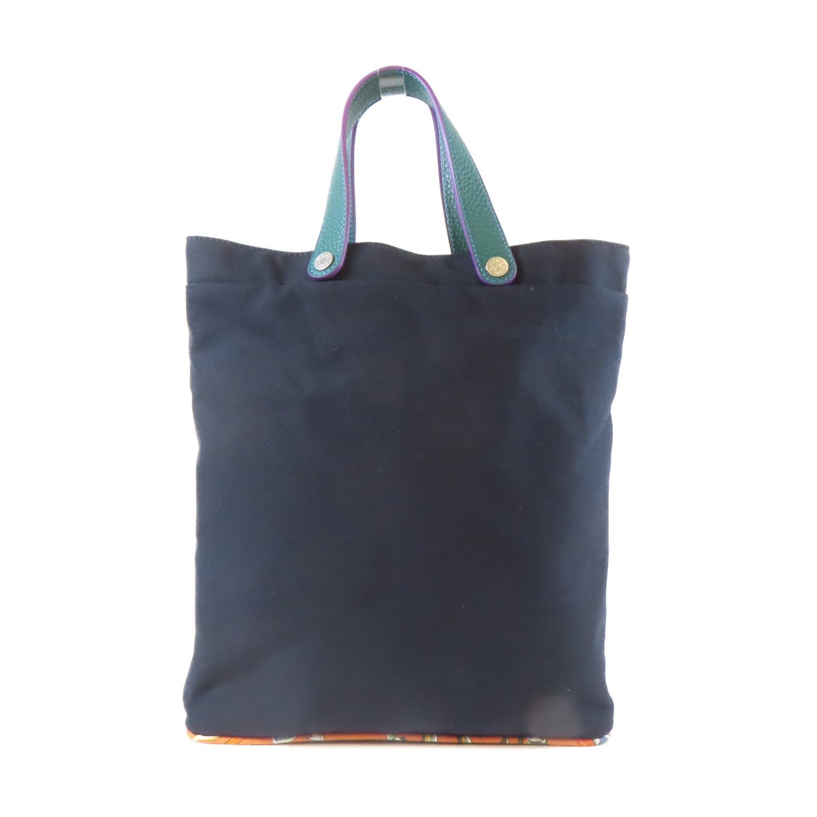 HERMES 帆布/絲質/皮革Tote Bag銀扣手挽袋深藍色/綠色