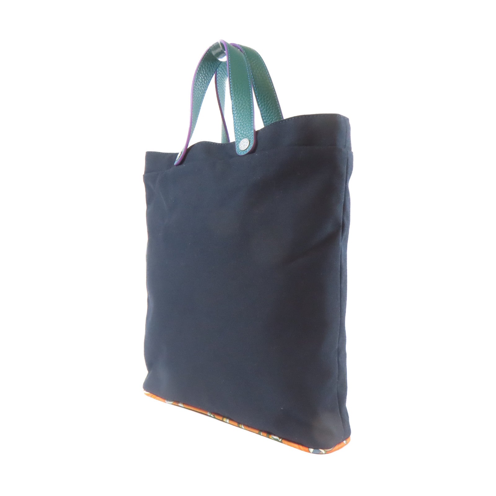 HERMES 帆布/絲質/皮革Tote Bag銀扣手挽袋深藍色/綠色