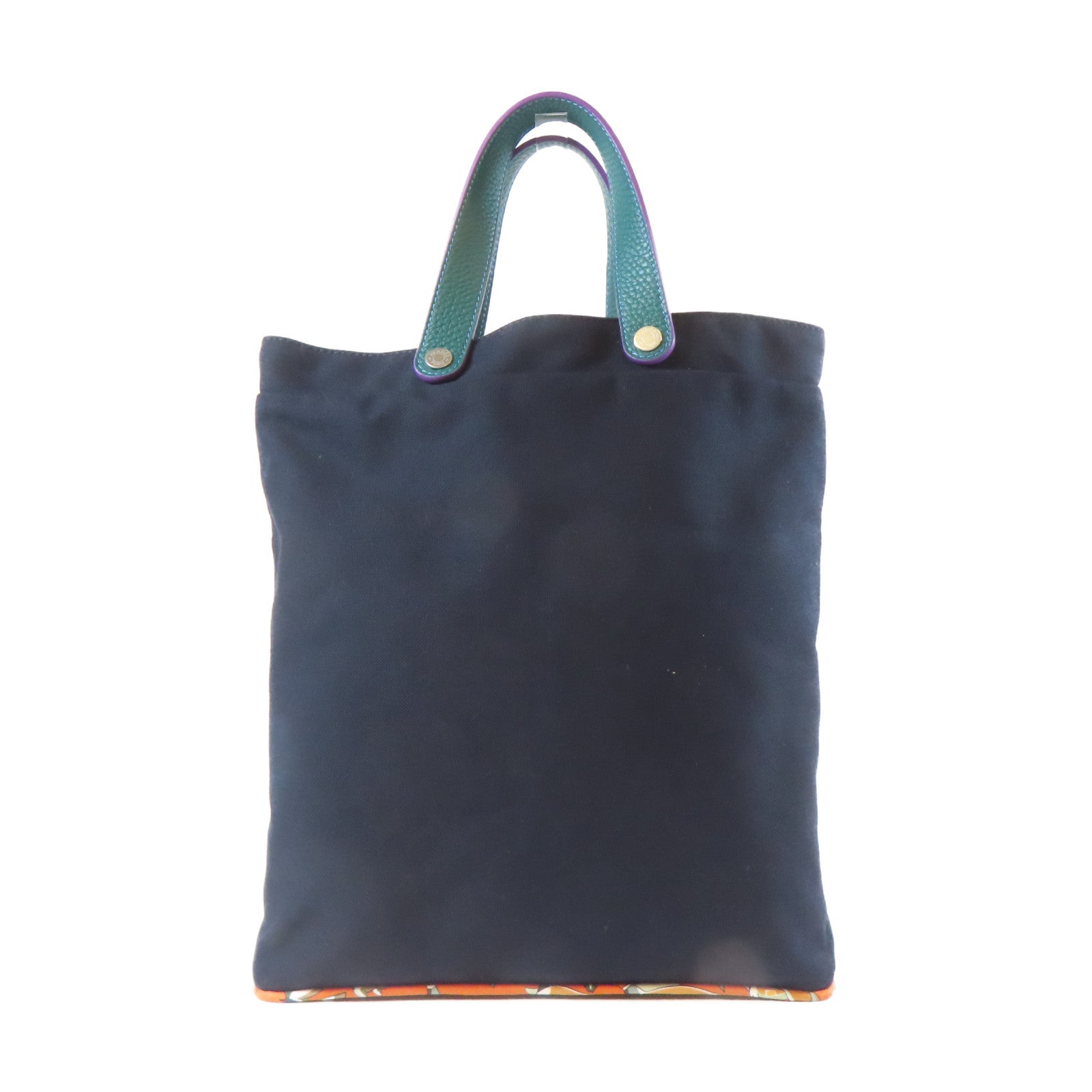 HERMES 帆布/絲質/皮革Tote Bag銀扣手挽袋深藍色/綠色