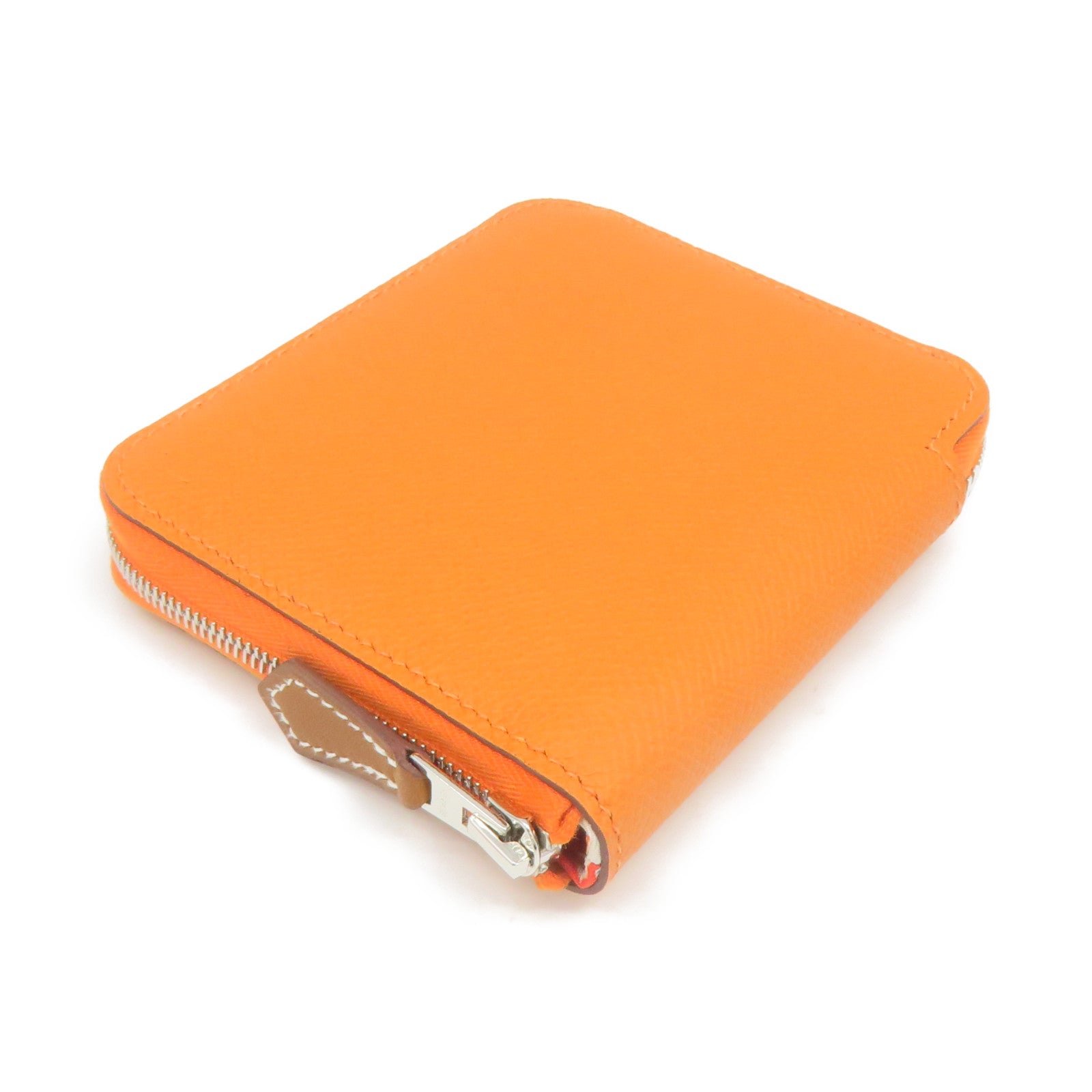 HERMES Epsom Leather Silk-In Compact Zipper Wallet Silver Buckle Zipper Short Wallet Orange Orange