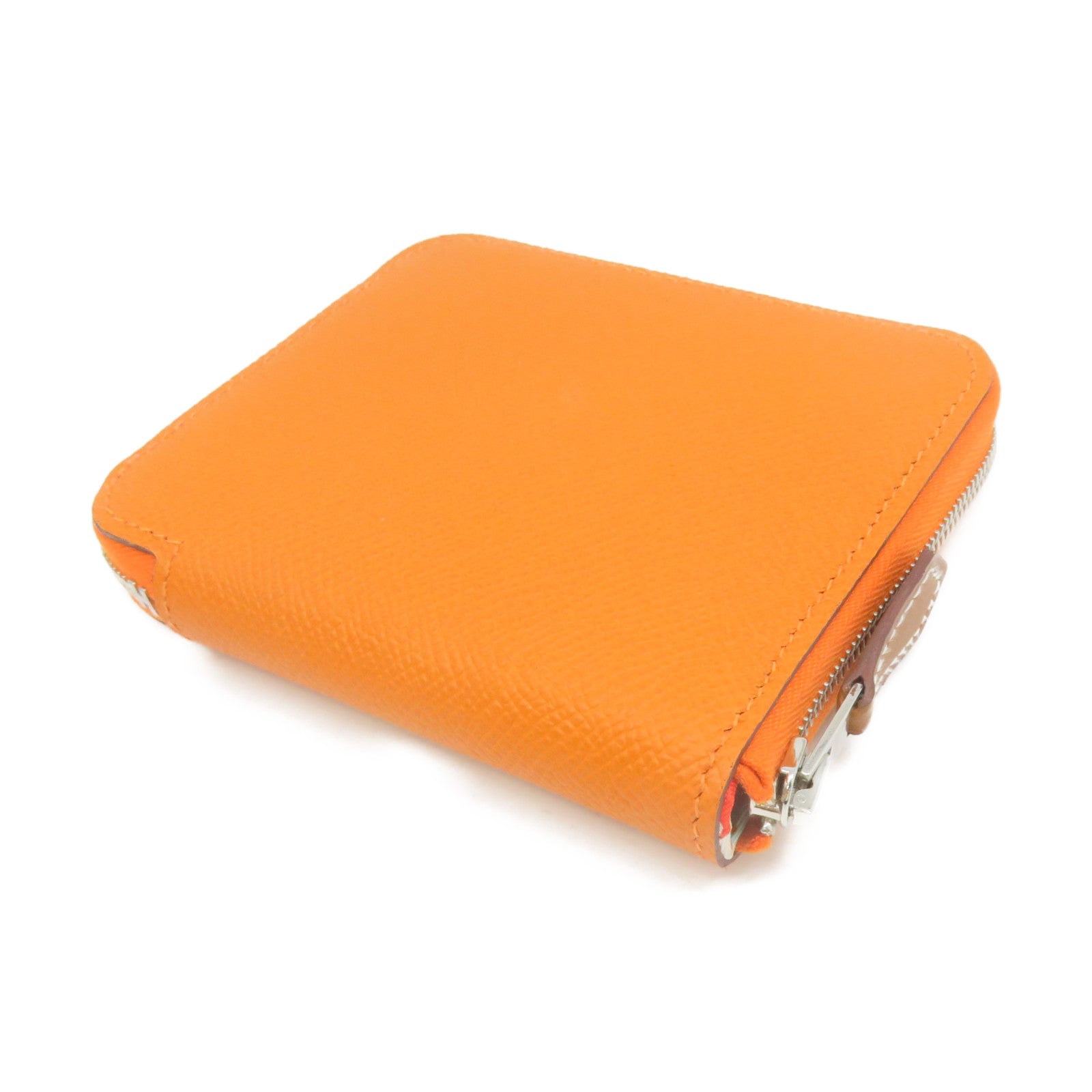HERMES Epsom Leather Silk-In Compact Zipper Wallet Silver Buckle Zipper Short Wallet Orange Orange