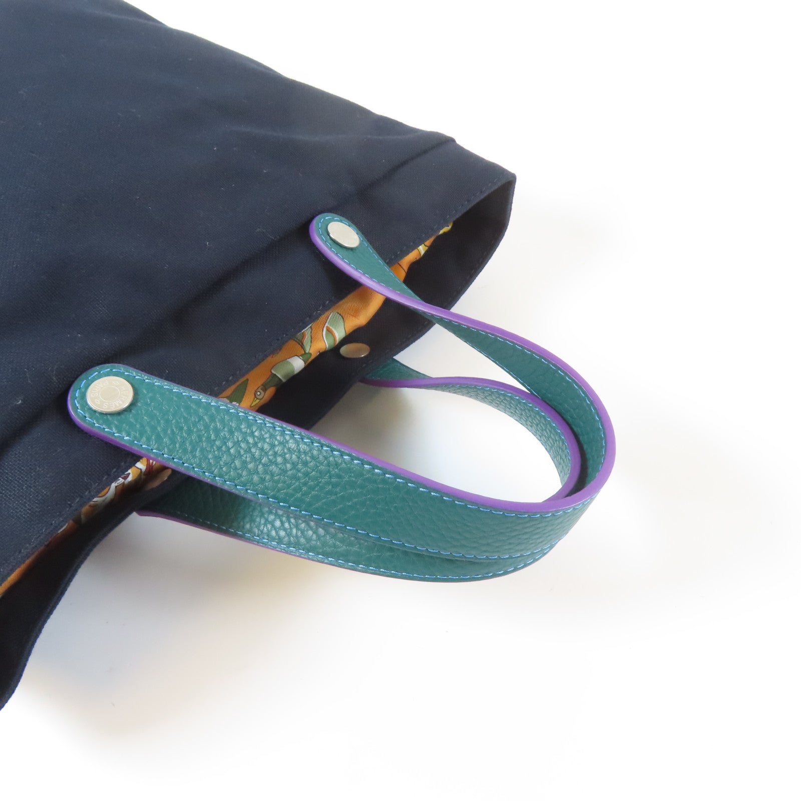 HERMES 帆布/絲質/皮革Tote Bag銀扣手挽袋深藍色/綠色