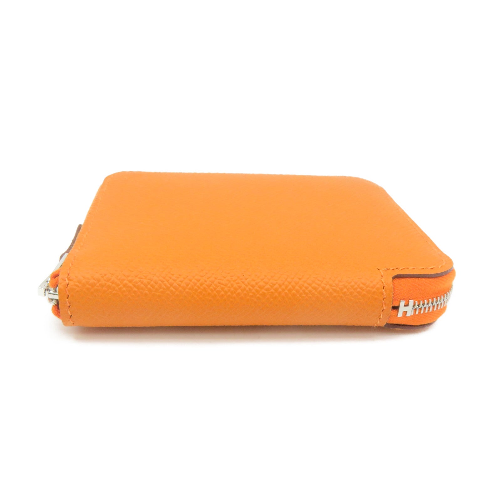 HERMES Epsom Leather Silk-In Compact Zipper Wallet Silver Buckle Zipper Short Wallet Orange Orange