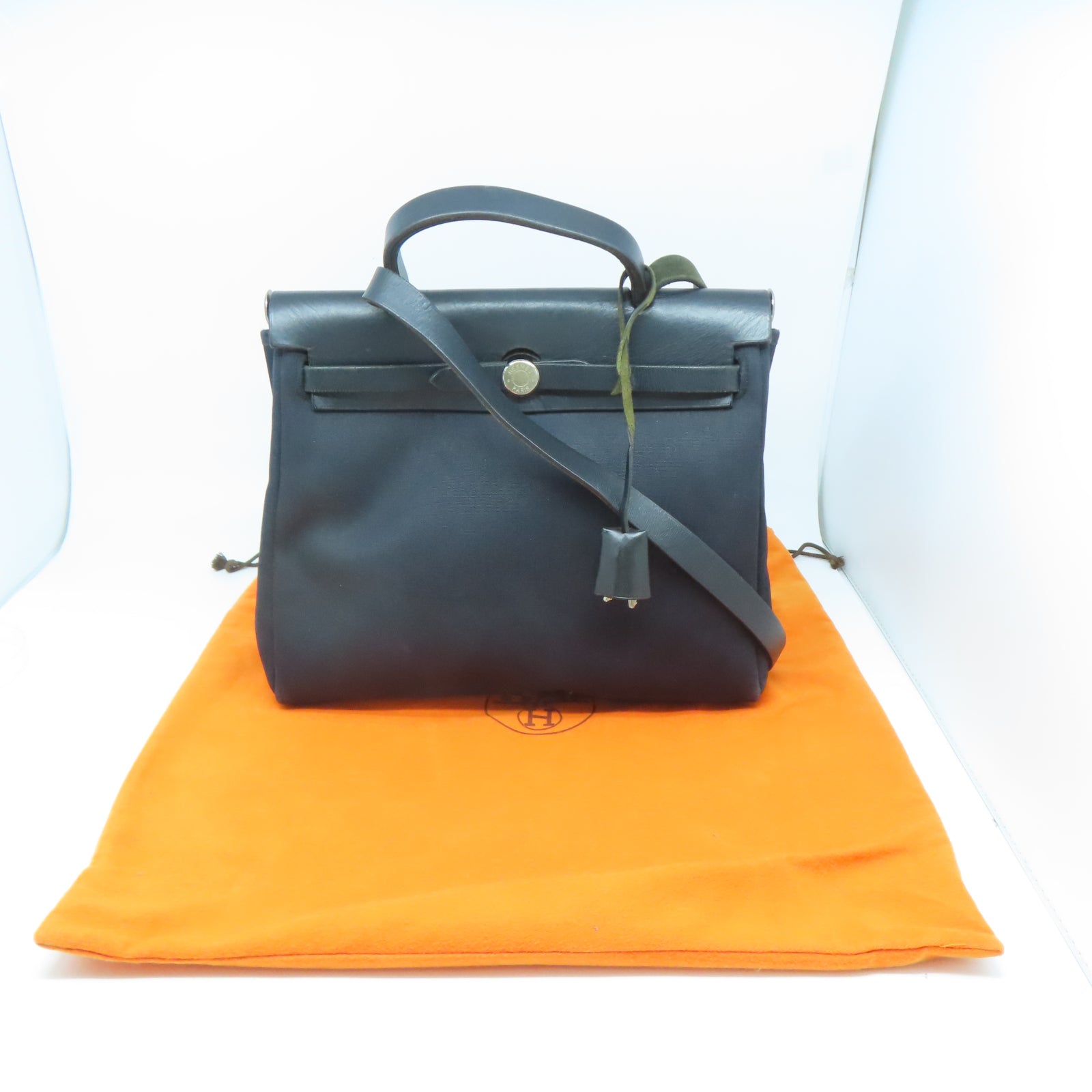 HERMES 帆布/皮革Herbag PM銀扣手挽肩背兩用袋黑色
