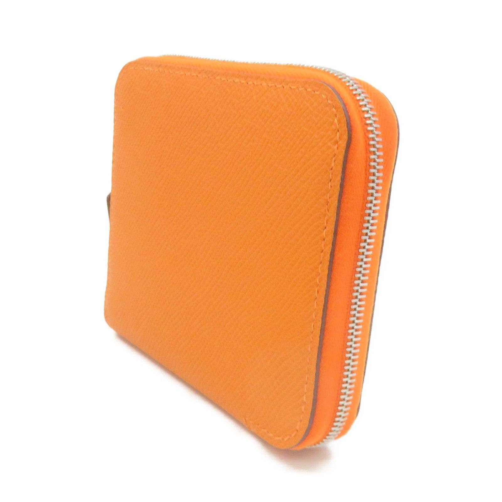 HERMES Epsom Leather Silk-In Compact Zipper Wallet Silver Buckle Zipper Short Wallet Orange Orange