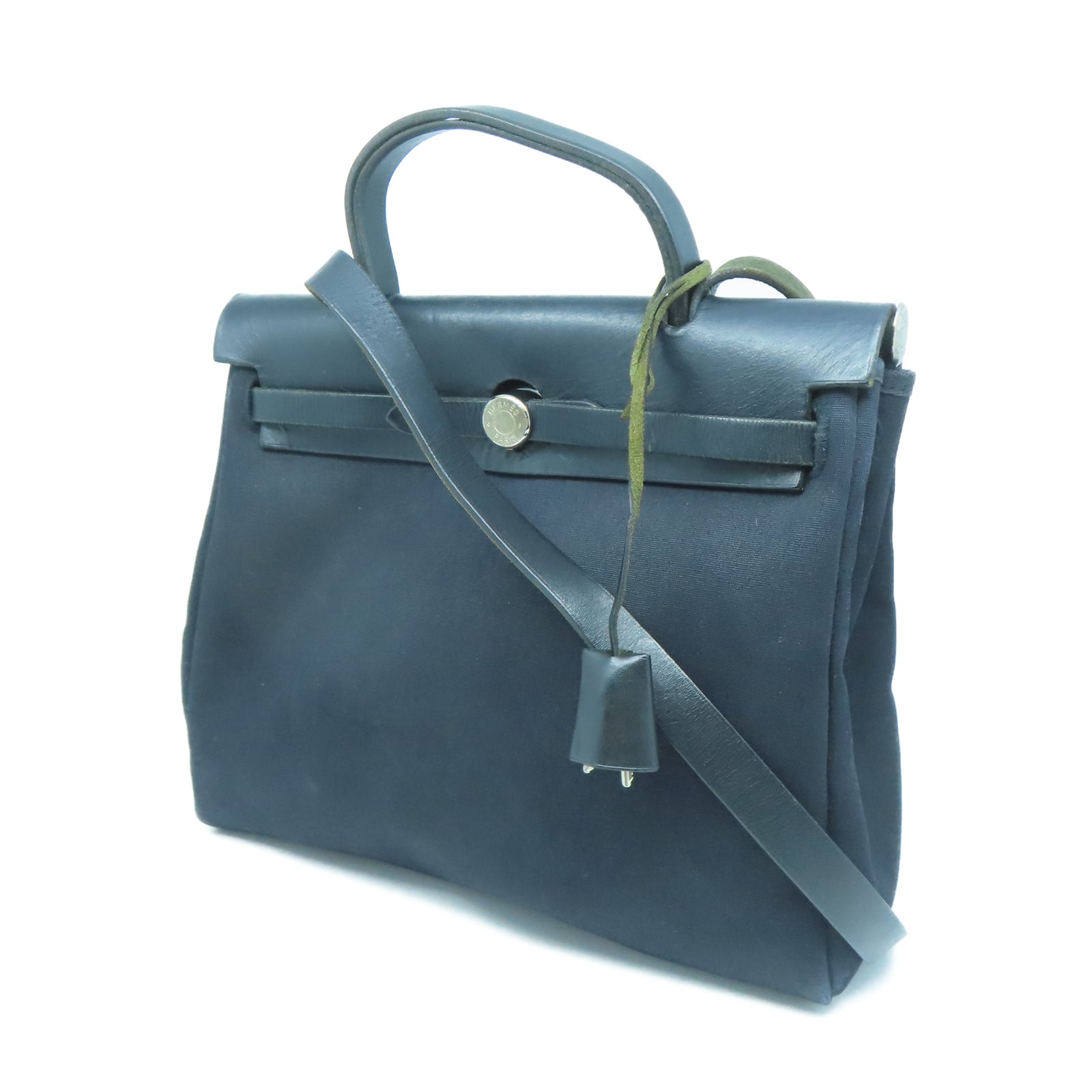 HERMES 帆布/皮革Herbag PM銀扣手挽肩背兩用袋黑色