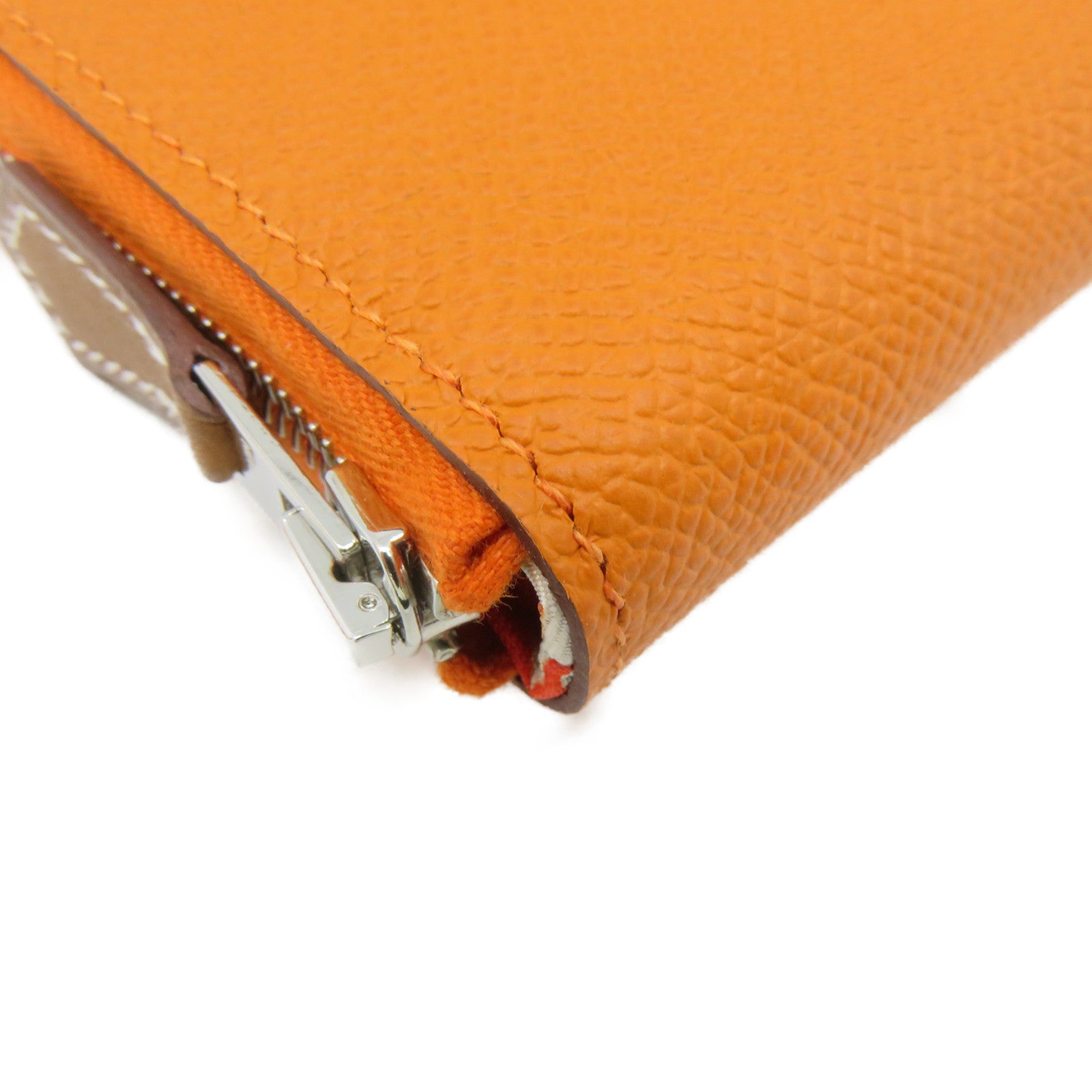 HERMES Epsom Leather Silk-In Compact Zipper Wallet Silver Buckle Zipper Short Wallet Orange Orange