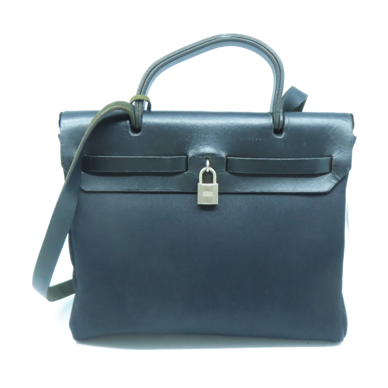 HERMES 帆布/皮革Herbag PM銀扣手挽肩背兩用袋黑色