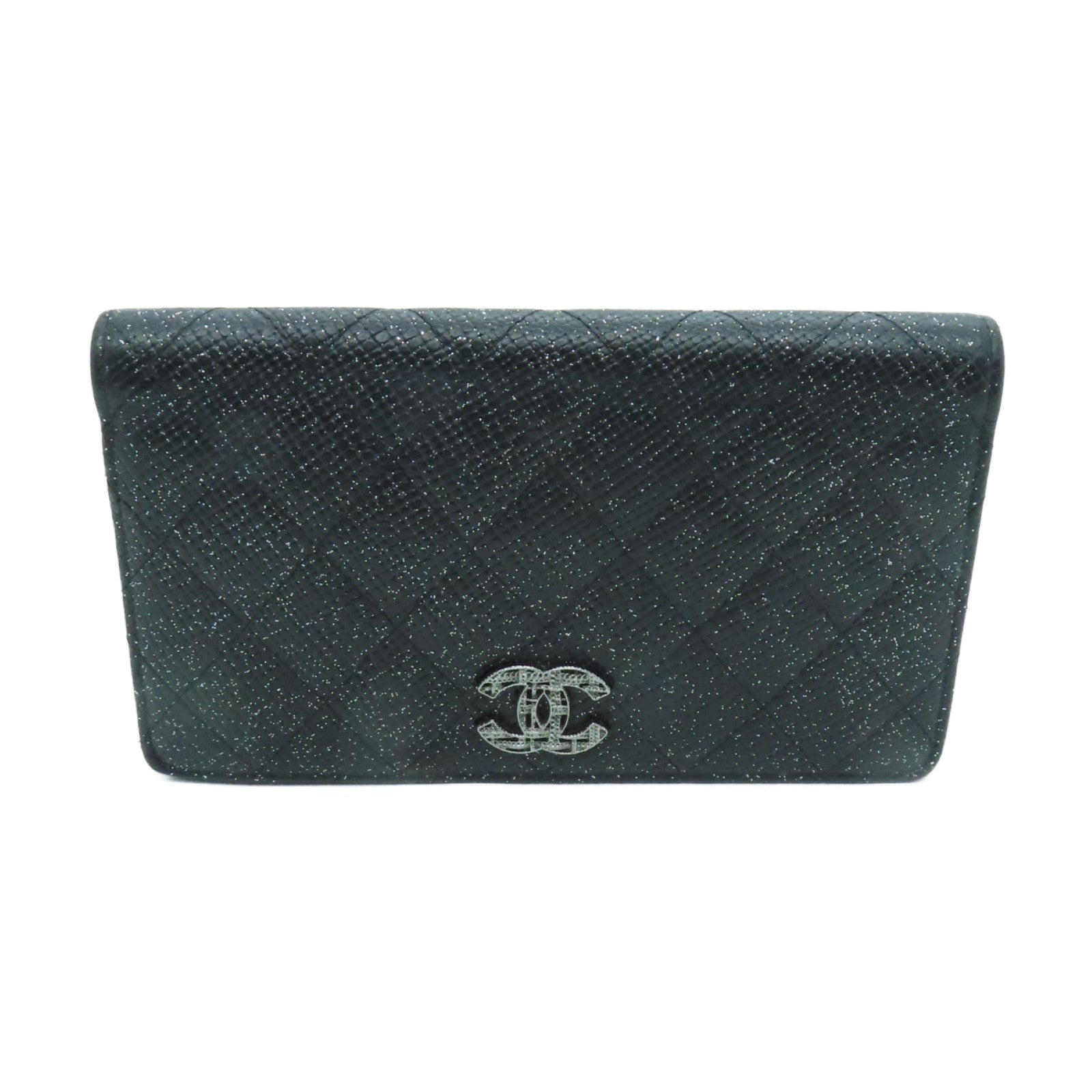 CHANEL 菱格皮革Long Wallet銀扣長錢包黑色