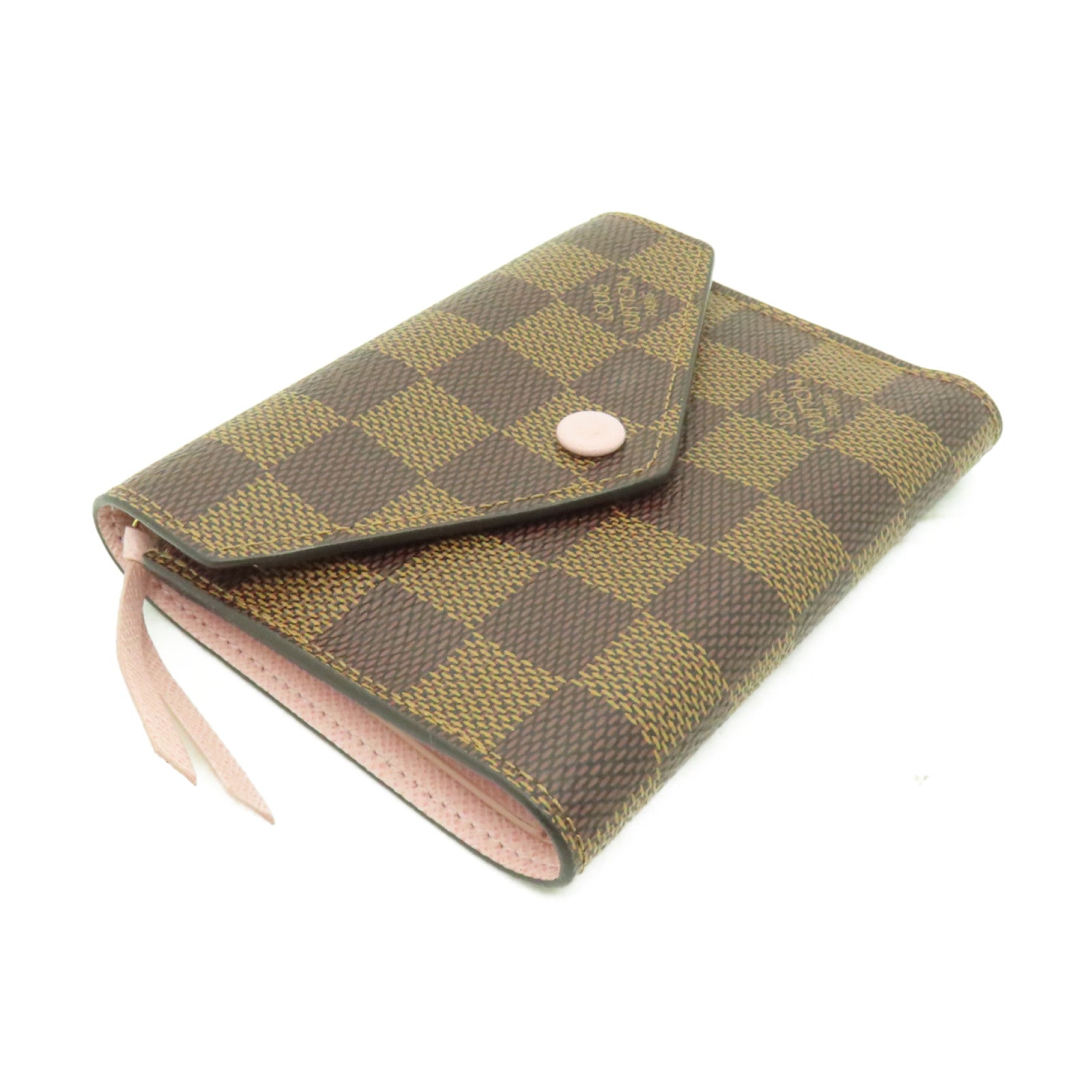 LOUIS VUITTON Damier Ebene Victorine金扣錢包棕色/粉紅色
