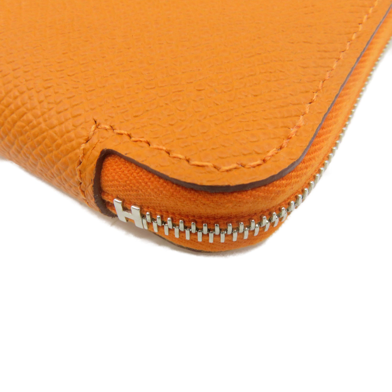 HERMES Epsom Leather Silk-In Compact Zipper Wallet Silver Buckle Zipper Short Wallet Orange Orange