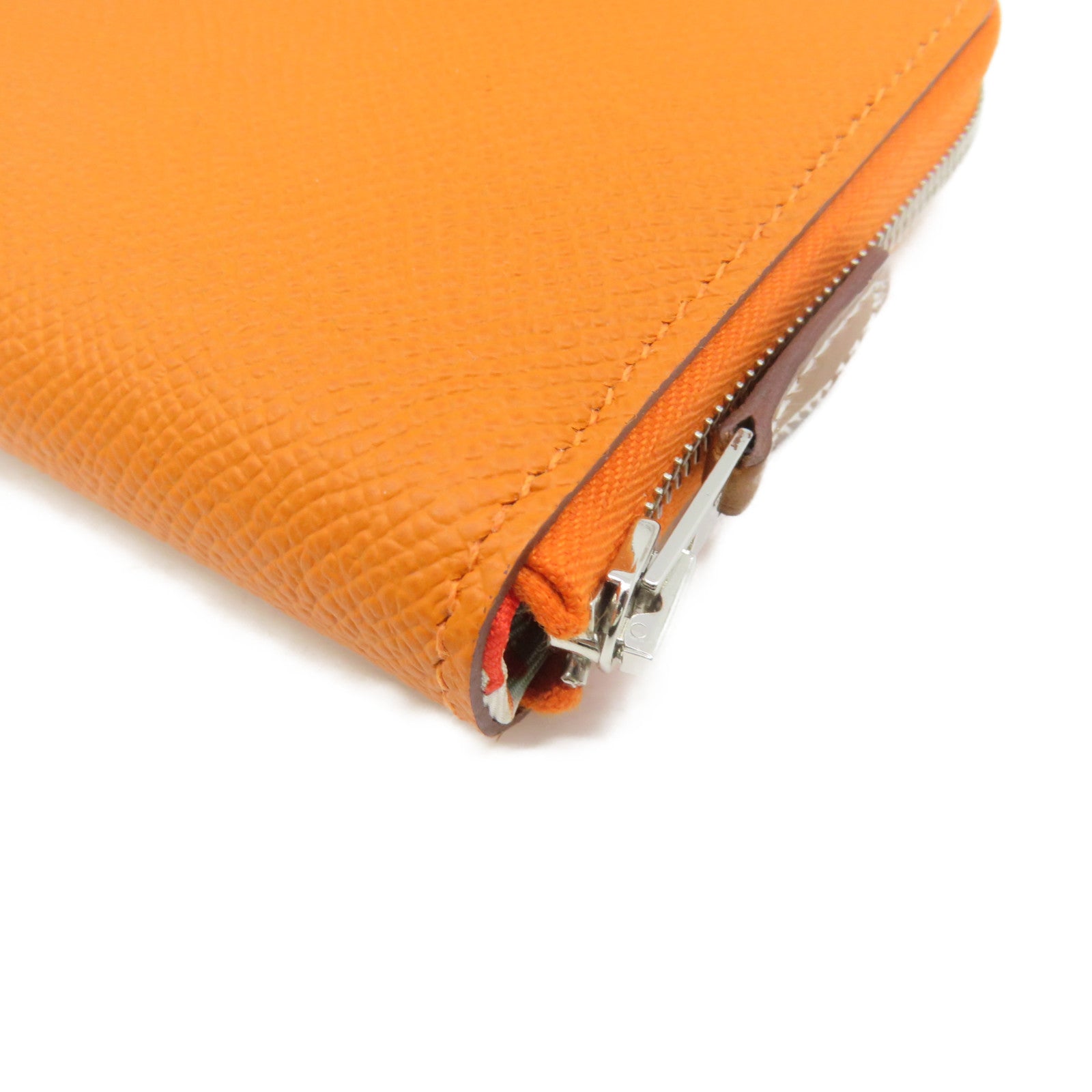 HERMES Epsom Leather Silk-In Compact Zipper Wallet Silver Buckle Zipper Short Wallet Orange Orange