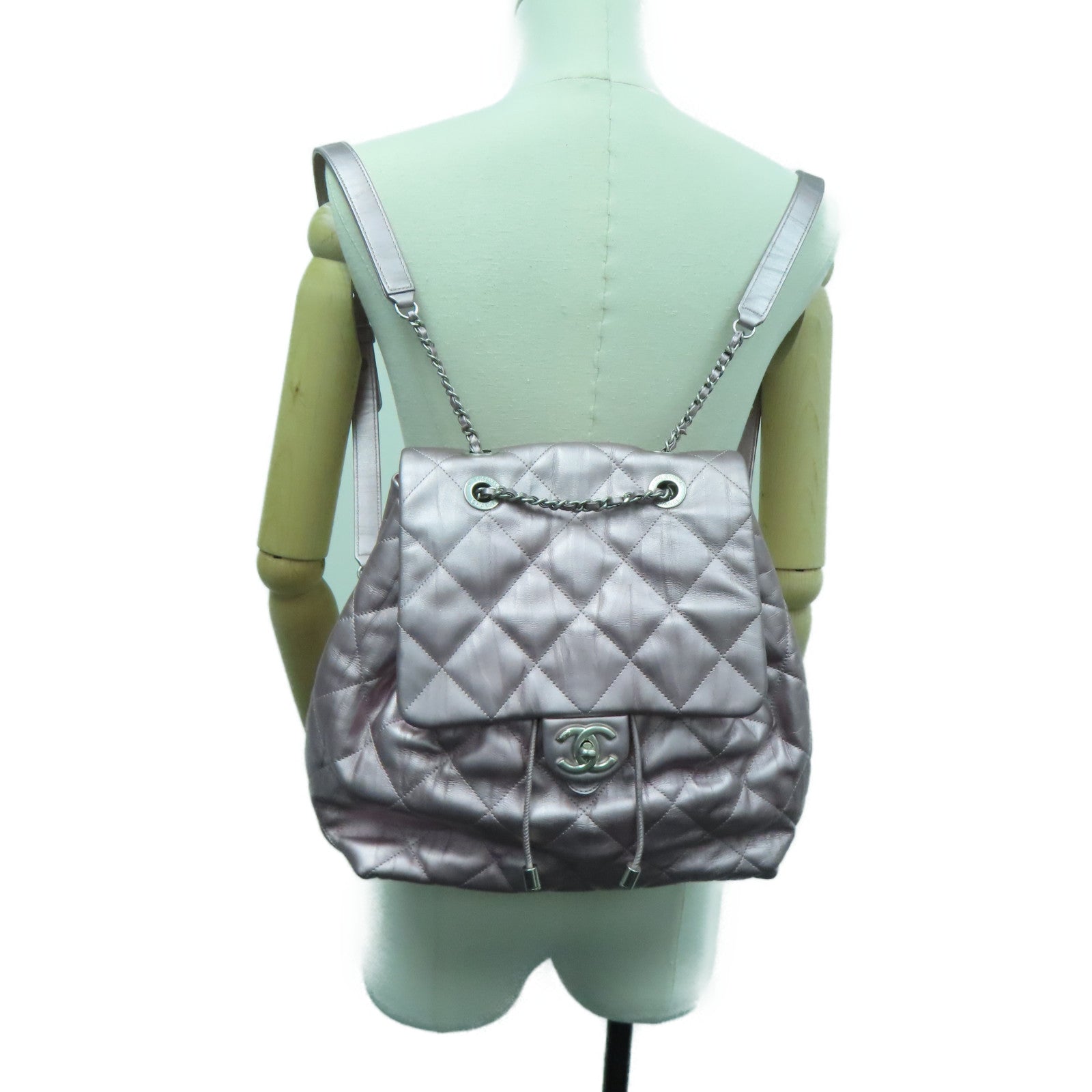 CHANEL rhombic cowhide leather Rucksack silver buckle backpack pink