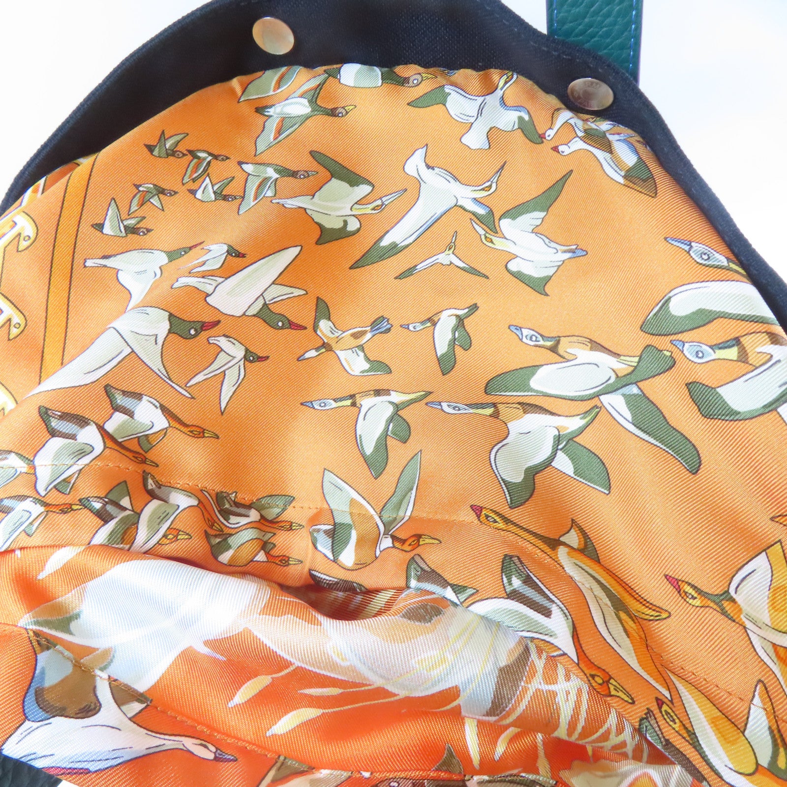 HERMES 帆布/絲質/皮革Tote Bag銀扣手挽袋深藍色/綠色