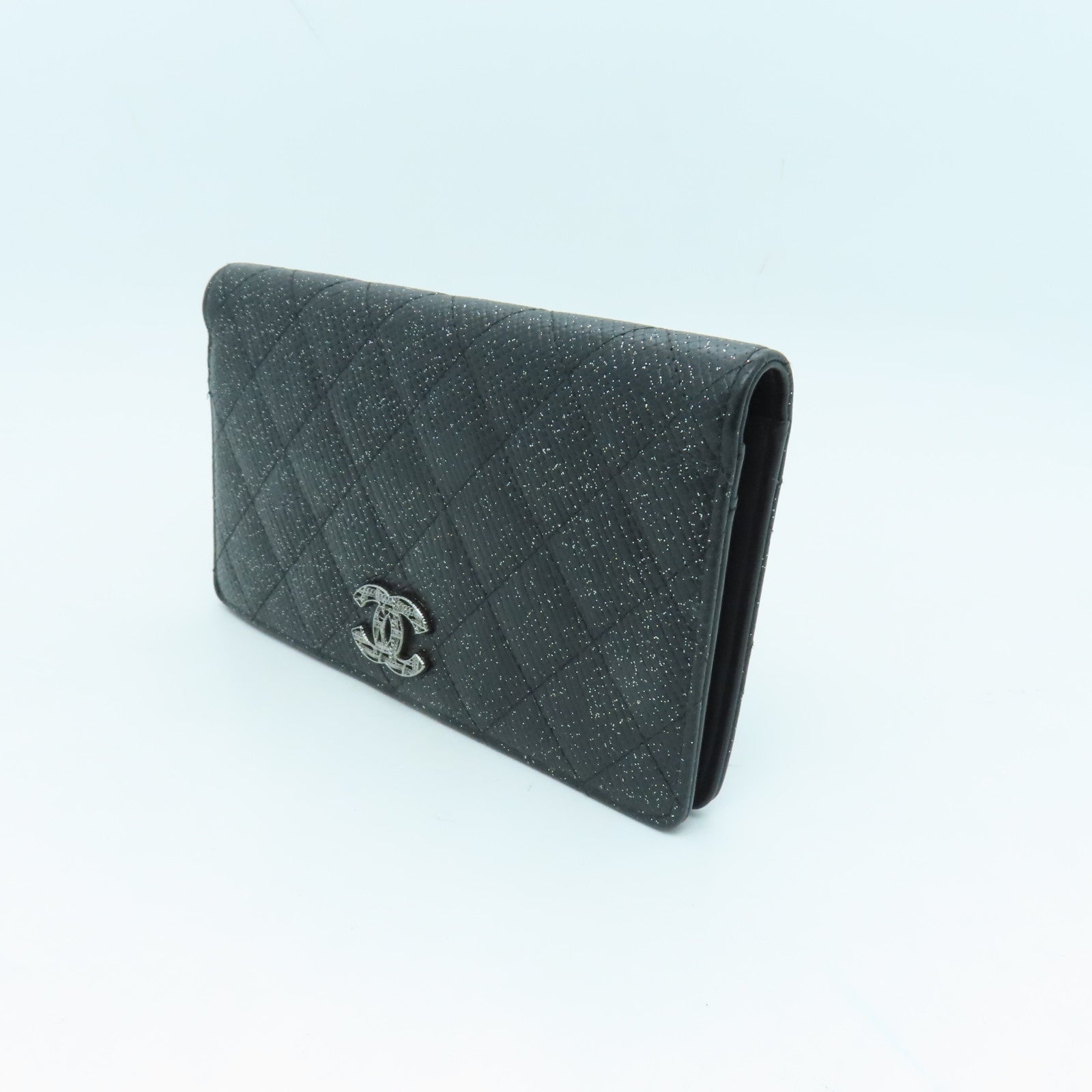 CHANEL 菱格皮革Long Wallet銀扣長錢包黑色