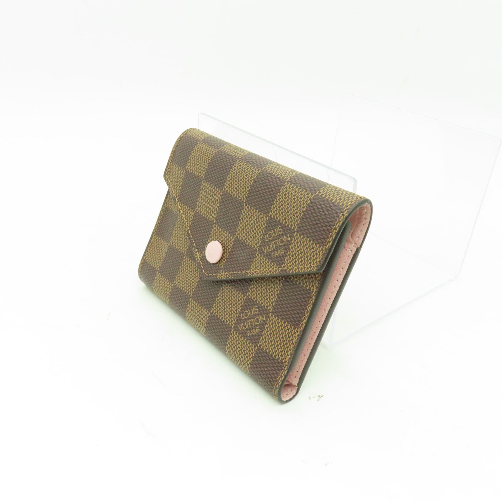 LOUIS VUITTON Damier Ebene Victorine金扣錢包棕色/粉紅色