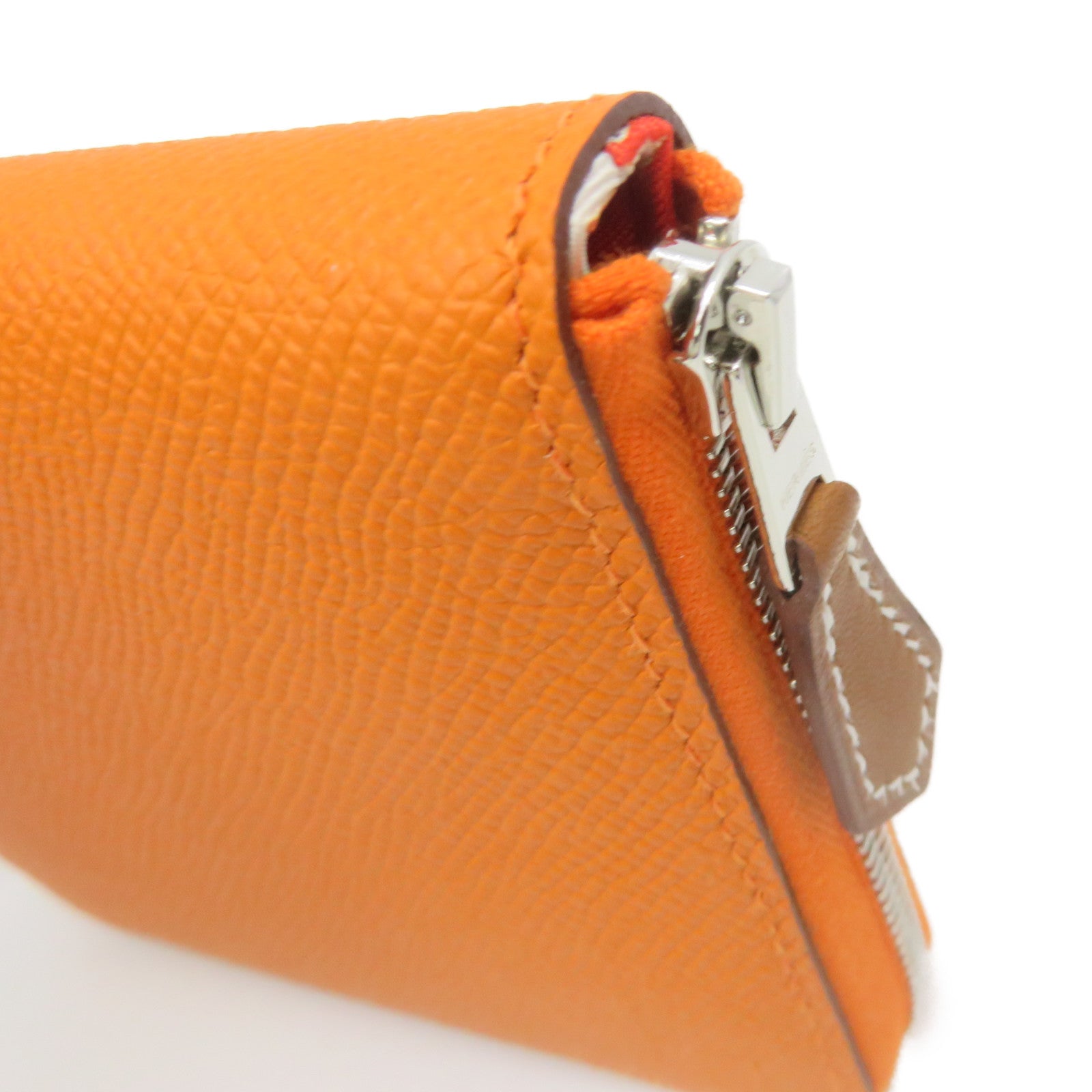 HERMES Epsom Leather Silk-In Compact Zipper Wallet Silver Buckle Zipper Short Wallet Orange Orange