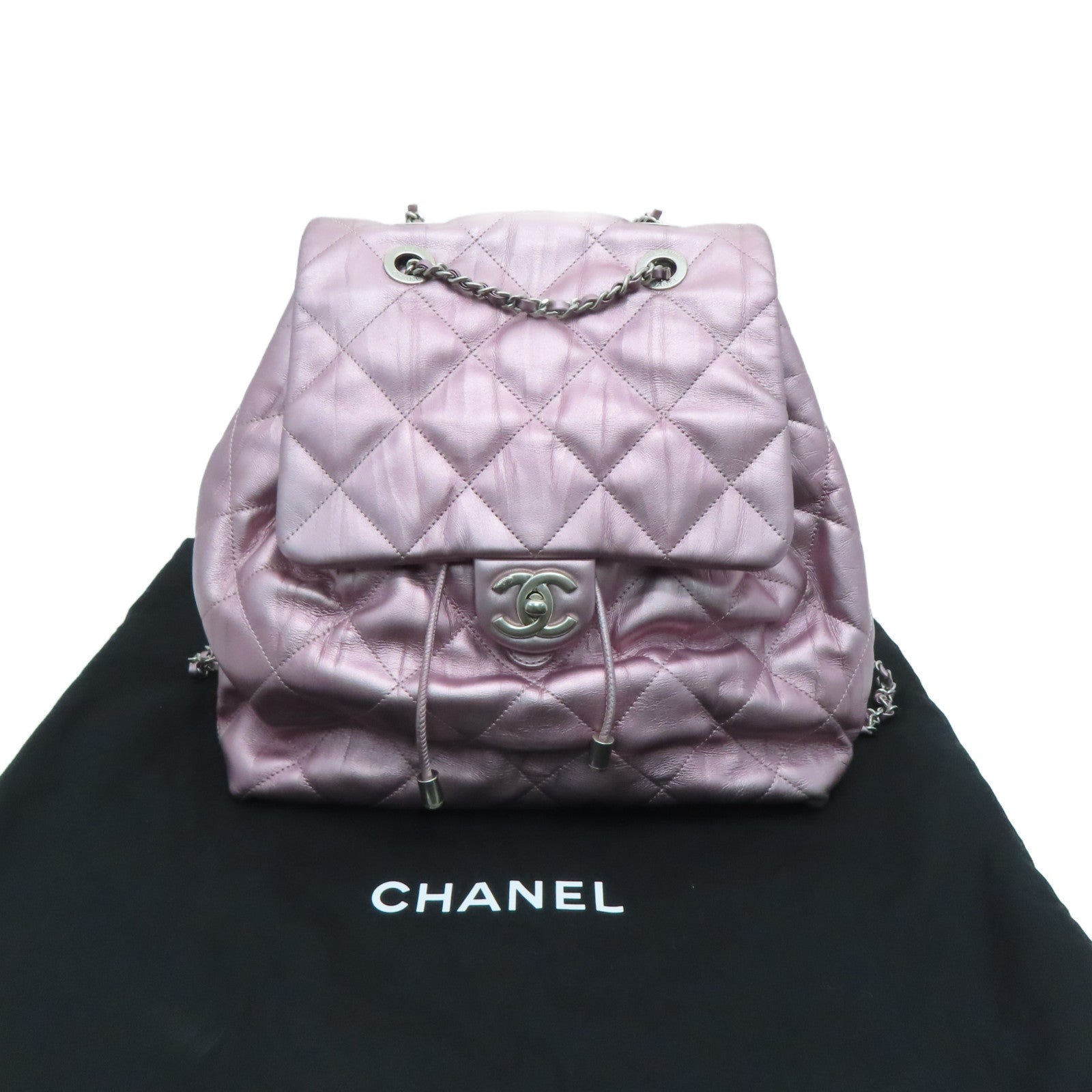 CHANEL rhombic cowhide leather Rucksack silver buckle backpack pink