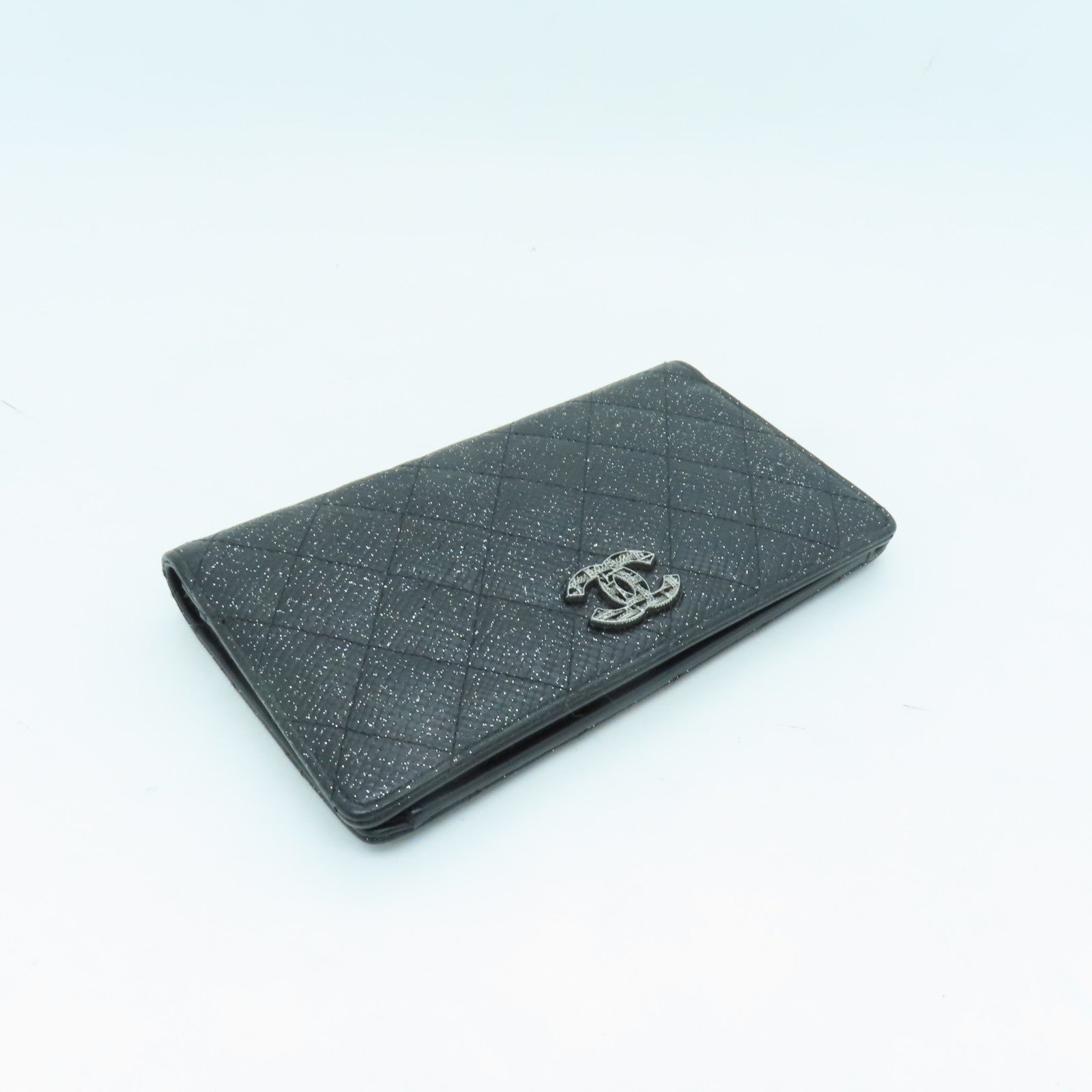 CHANEL 菱格皮革Long Wallet銀扣長錢包黑色